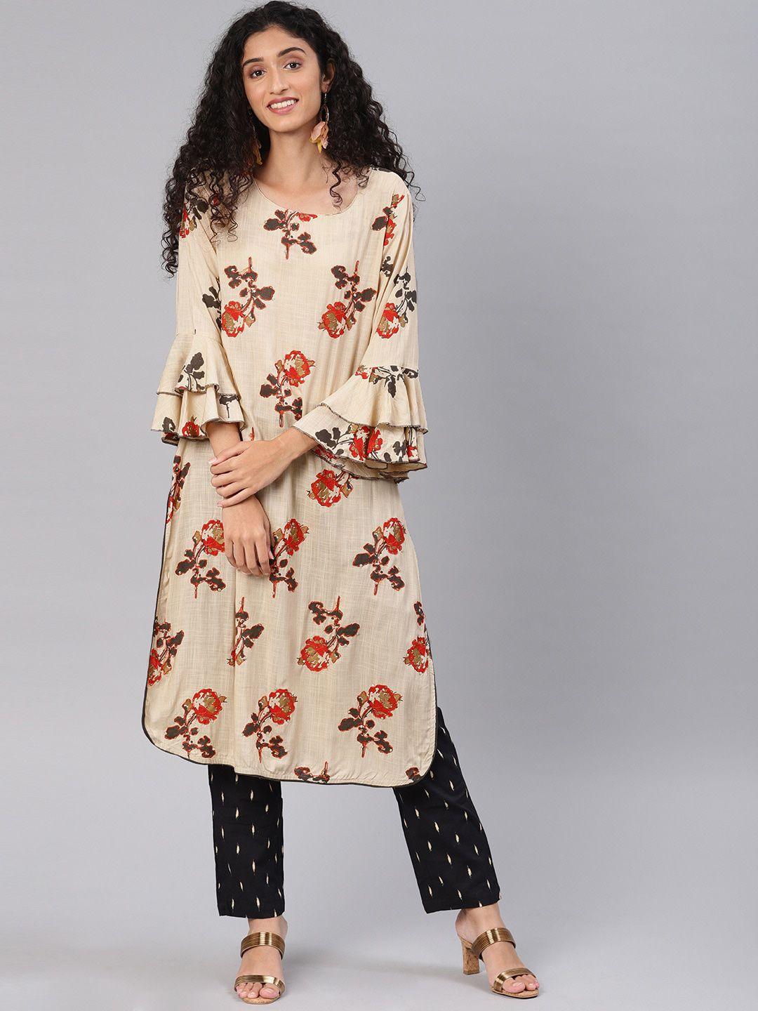 kalini floral printed flared sleeves bead work kurta