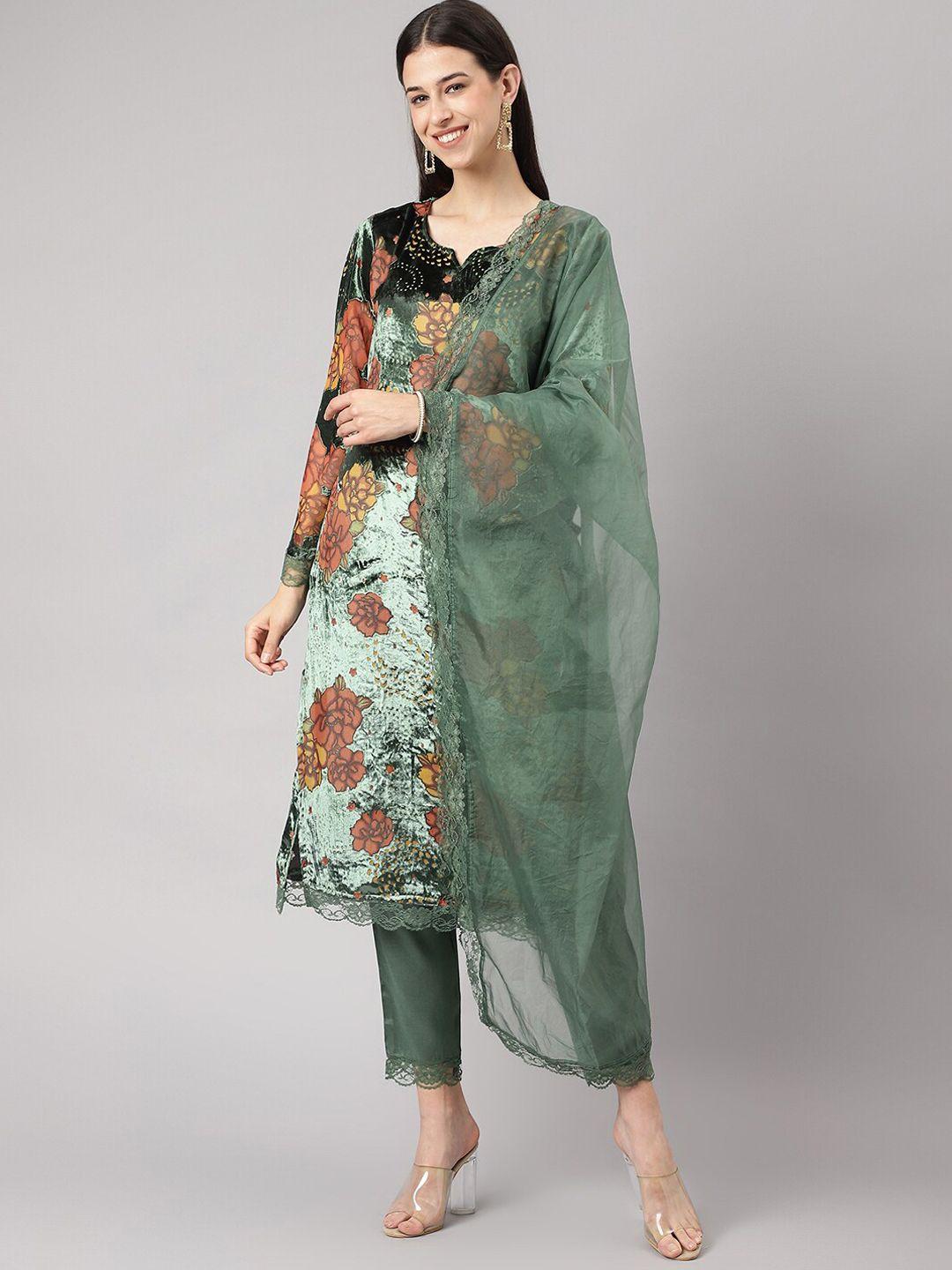 kalini floral printed flared sleeves velvet straight kurta & trousers with dupatta