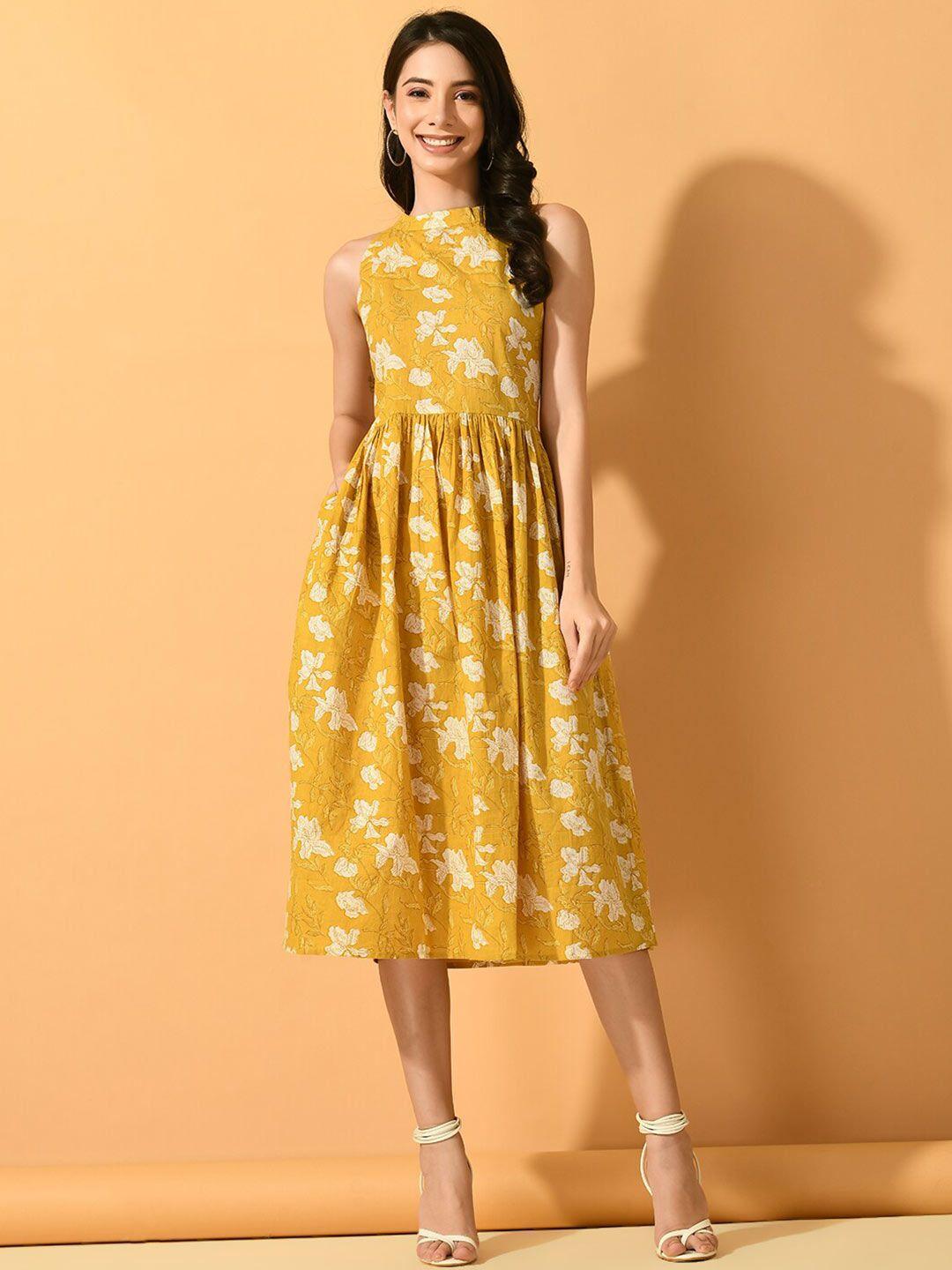 kalini floral printed gathered or pleated cotton fit & flare midi dress