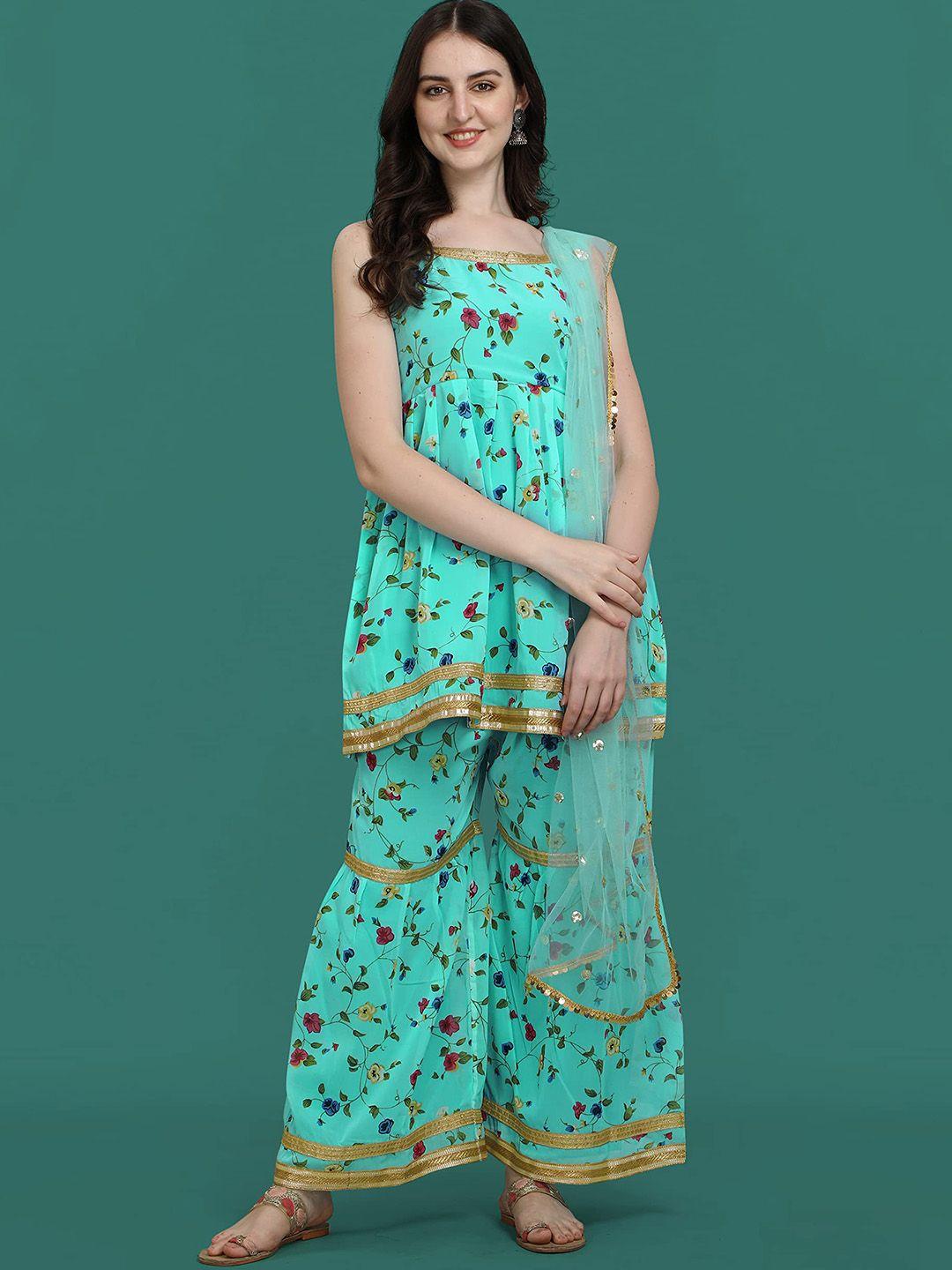 kalini floral printed georgette a-line kurta with sharara & dupatta