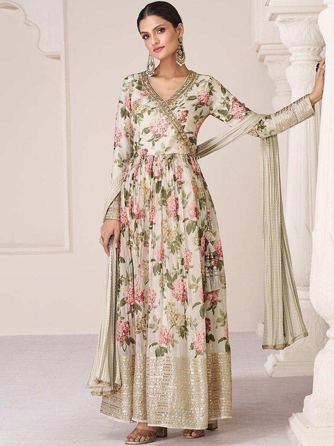 kalini floral printed georgette fit & flared maxi ethnic dress with dupatta