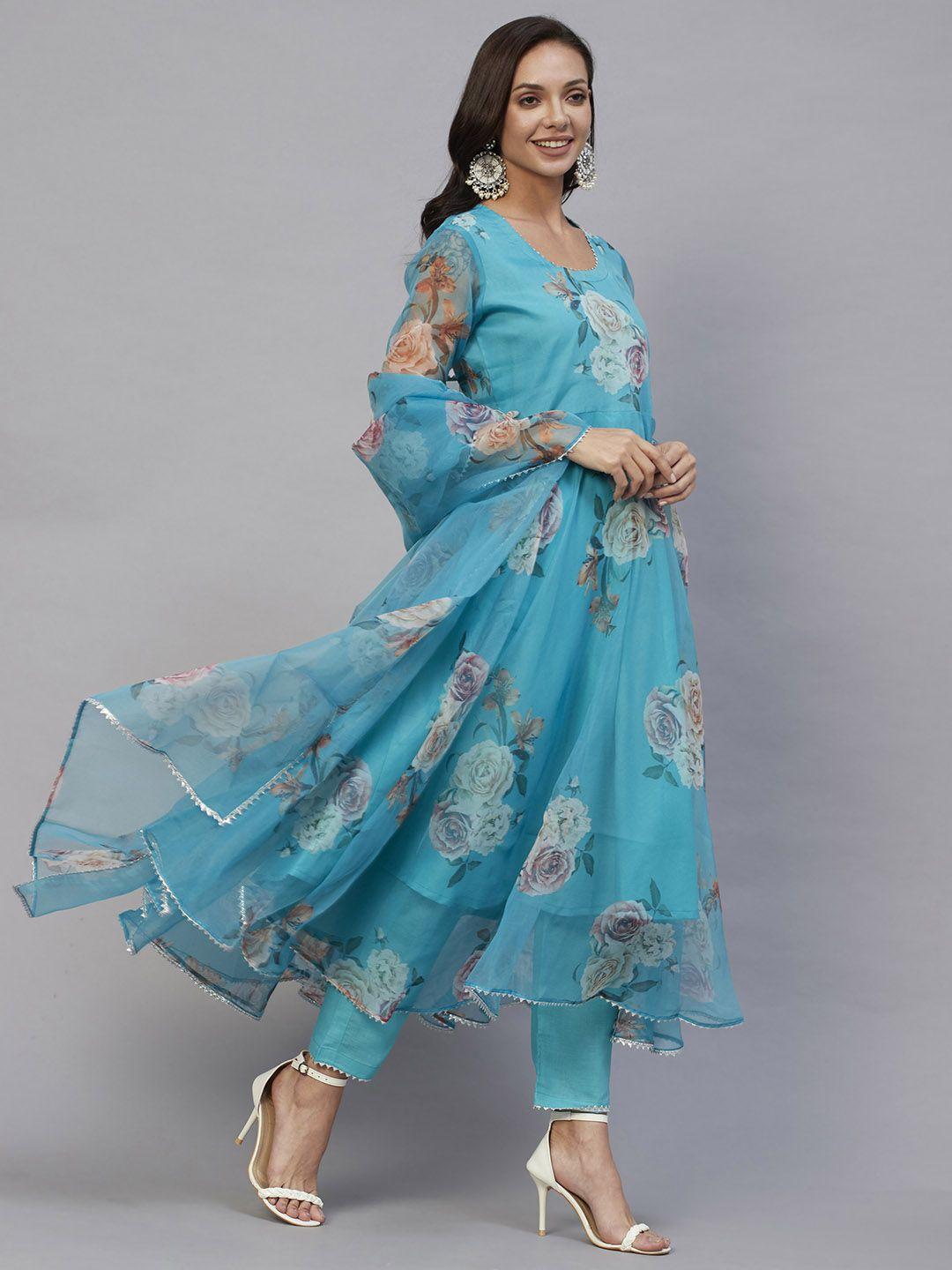 kalini floral printed gotta patti anarkali organza kurta with trousers & dupatta