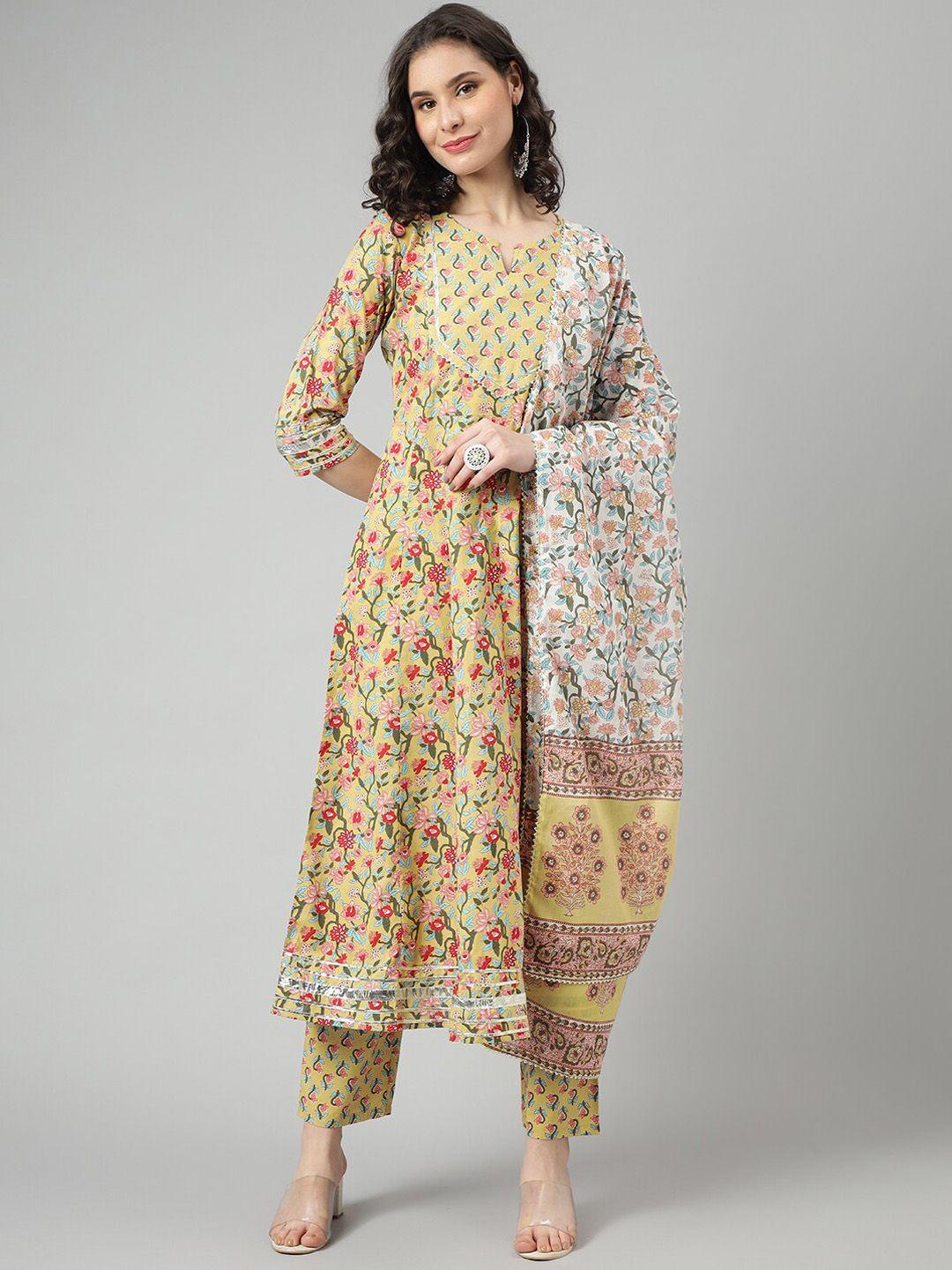 kalini floral printed gotta patti anarkali pure cotton kurta with trousers & dupatta