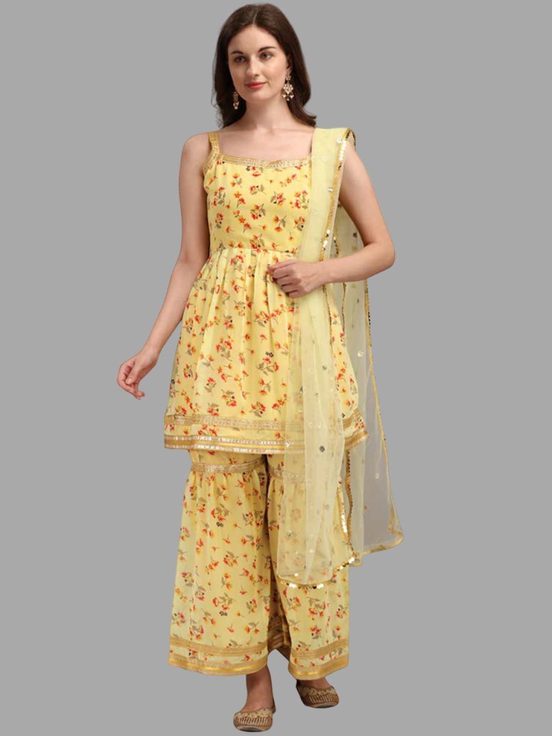 kalini floral printed gotta patti detail empire style a-line kurti with sharara & dupatta