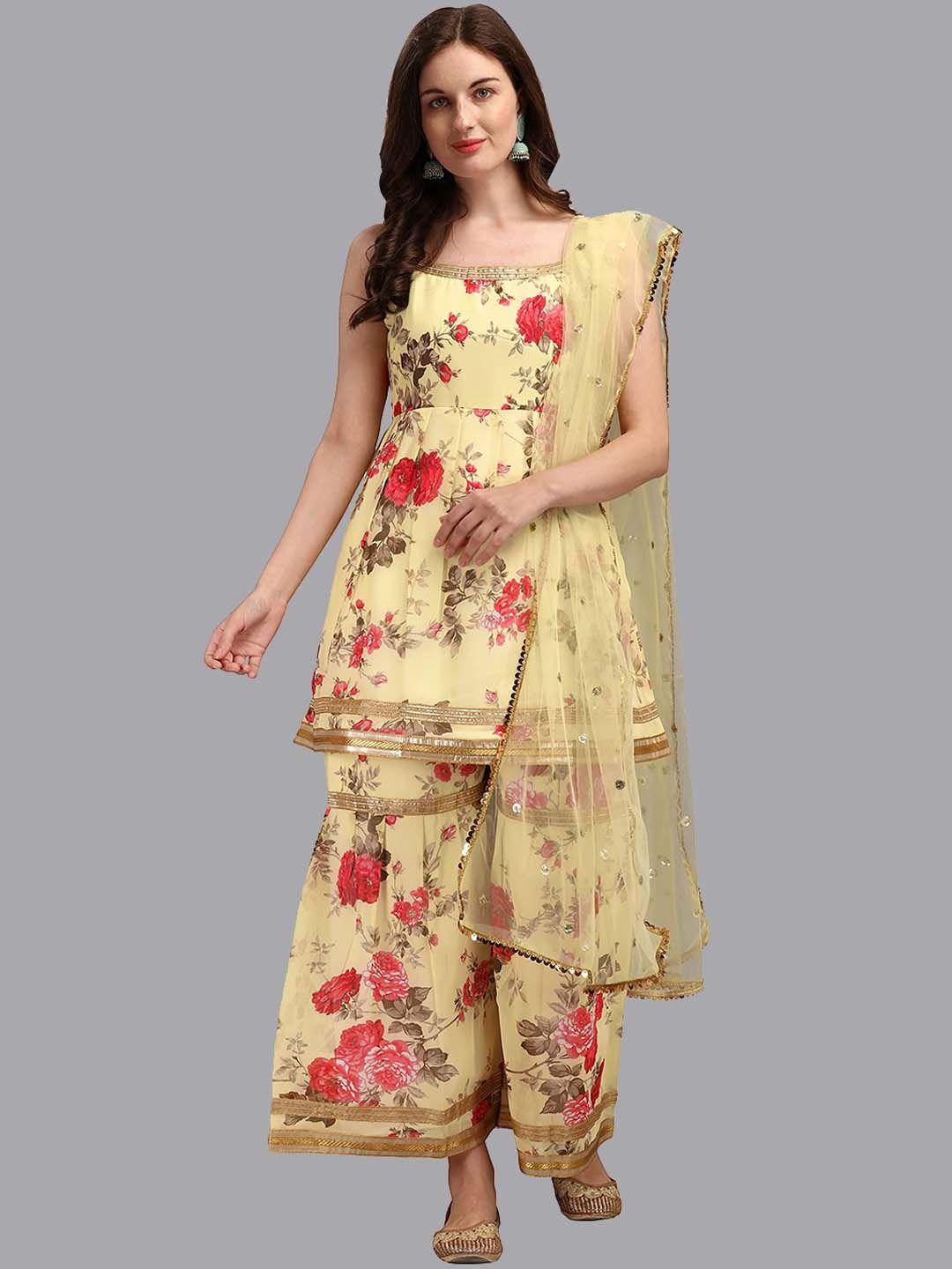 kalini floral printed gotta patti detail pleated a-line kurti with sharara & dupatta