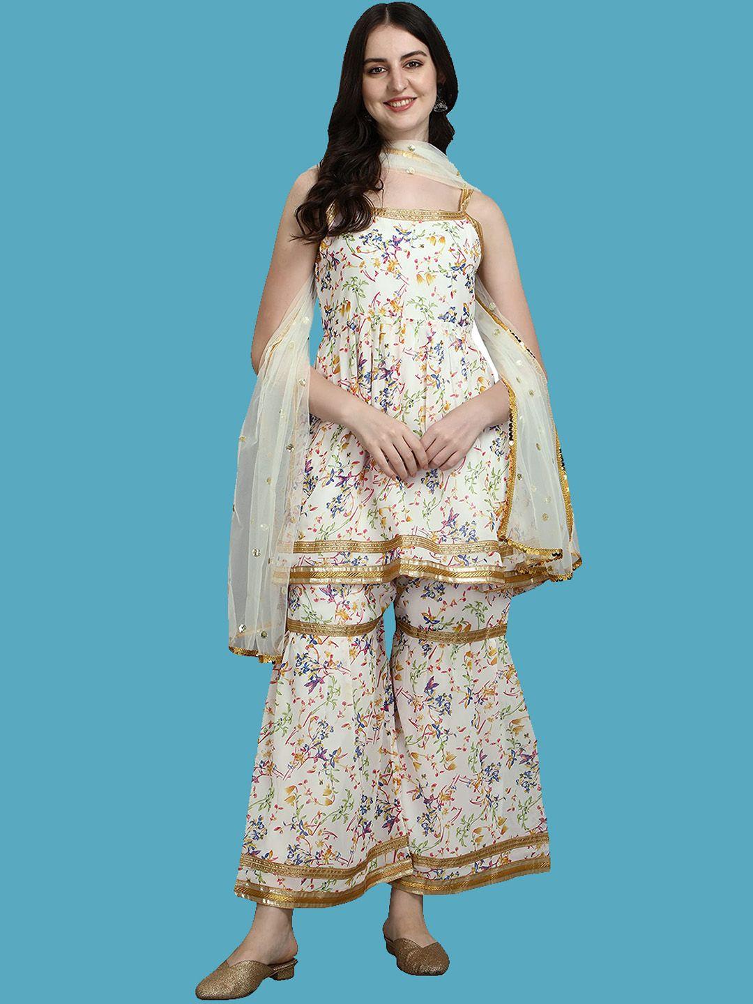 kalini floral printed gotta patti detail pleated a-line kurti with sharara & dupatta