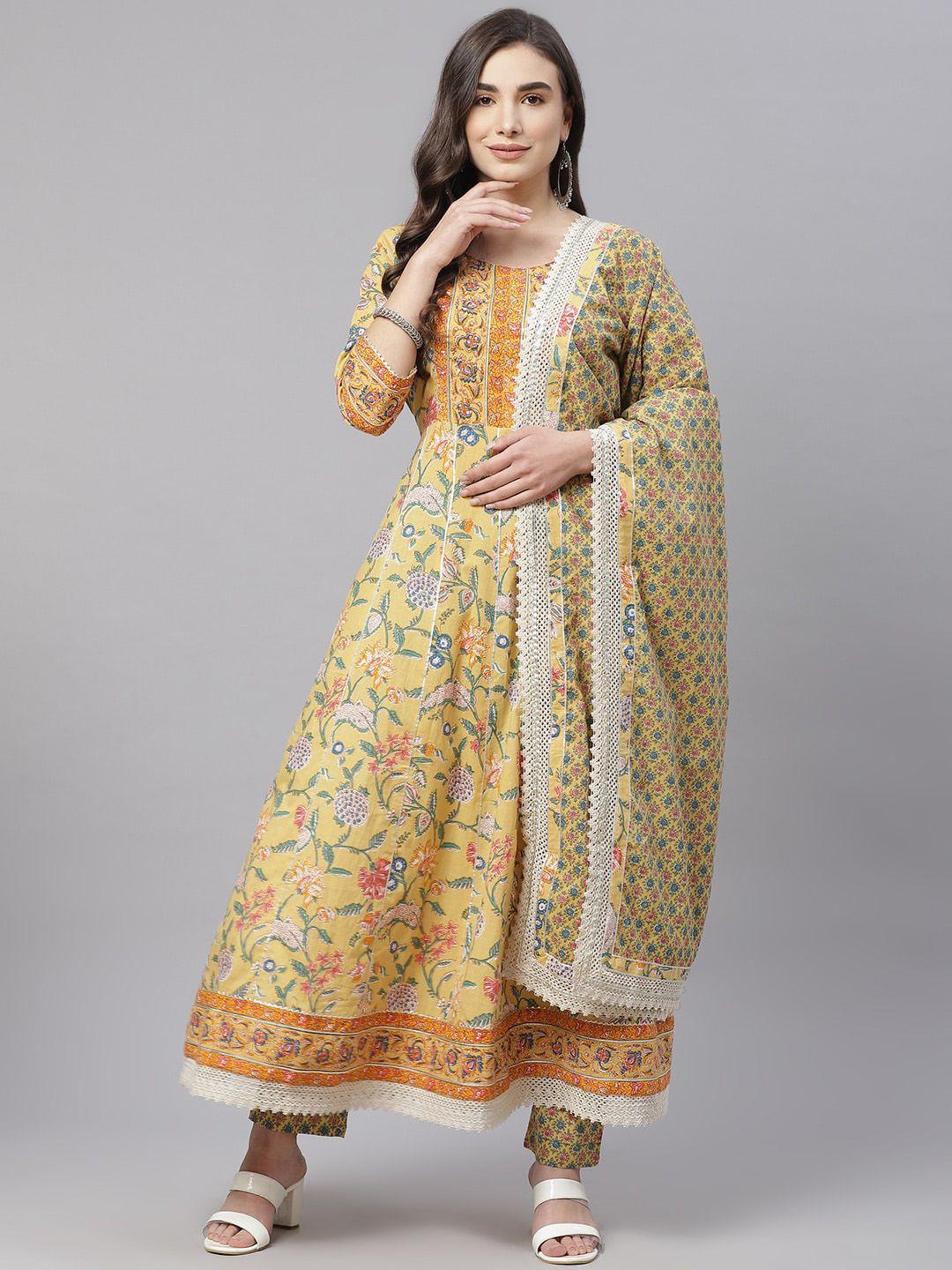 kalini floral printed gotta patti detail pure cotton anarkali kurta & trouser with dupatta