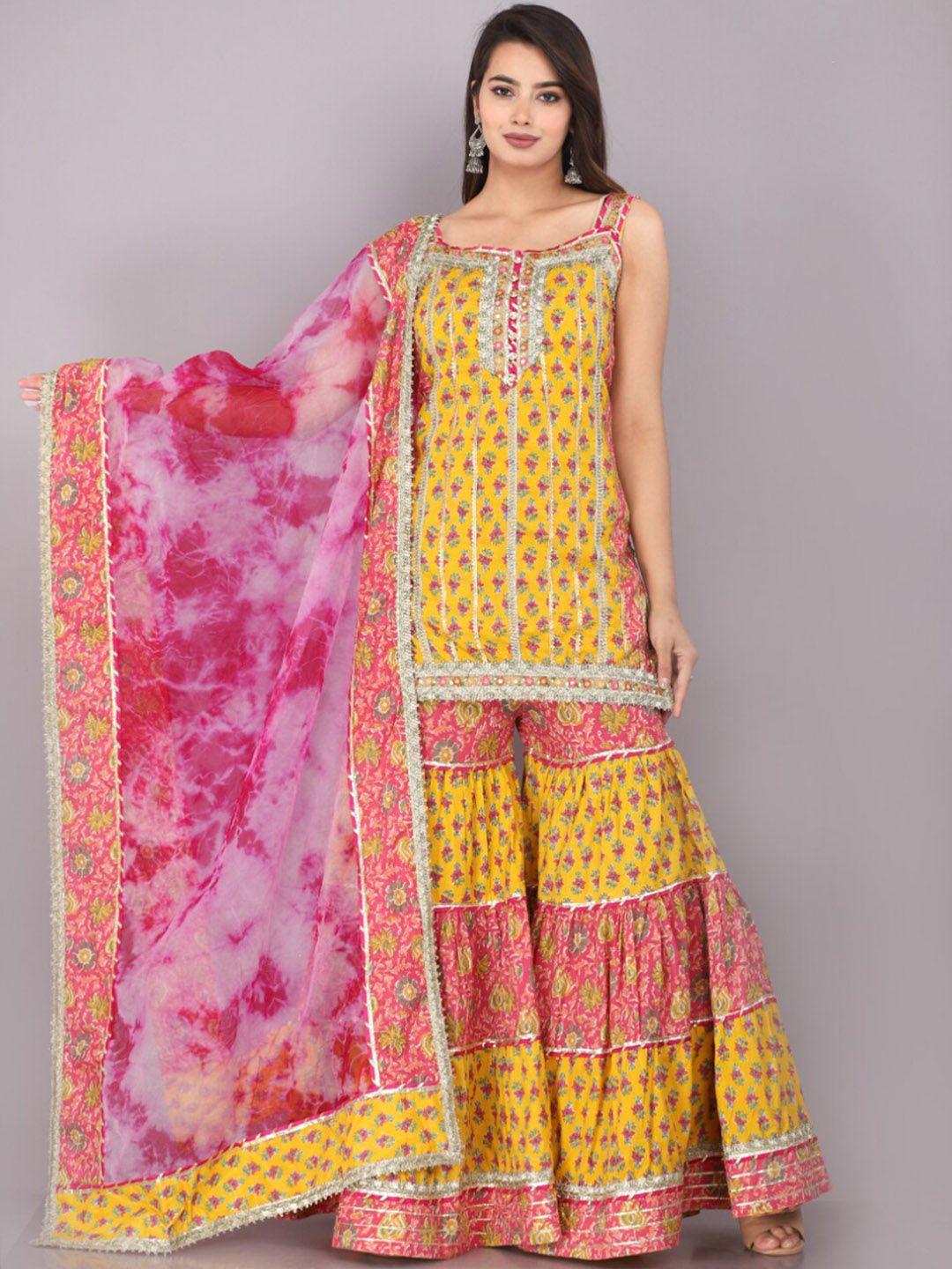 kalini floral printed gotta patti detail pure cotton straight kurta & sharara with dupatta