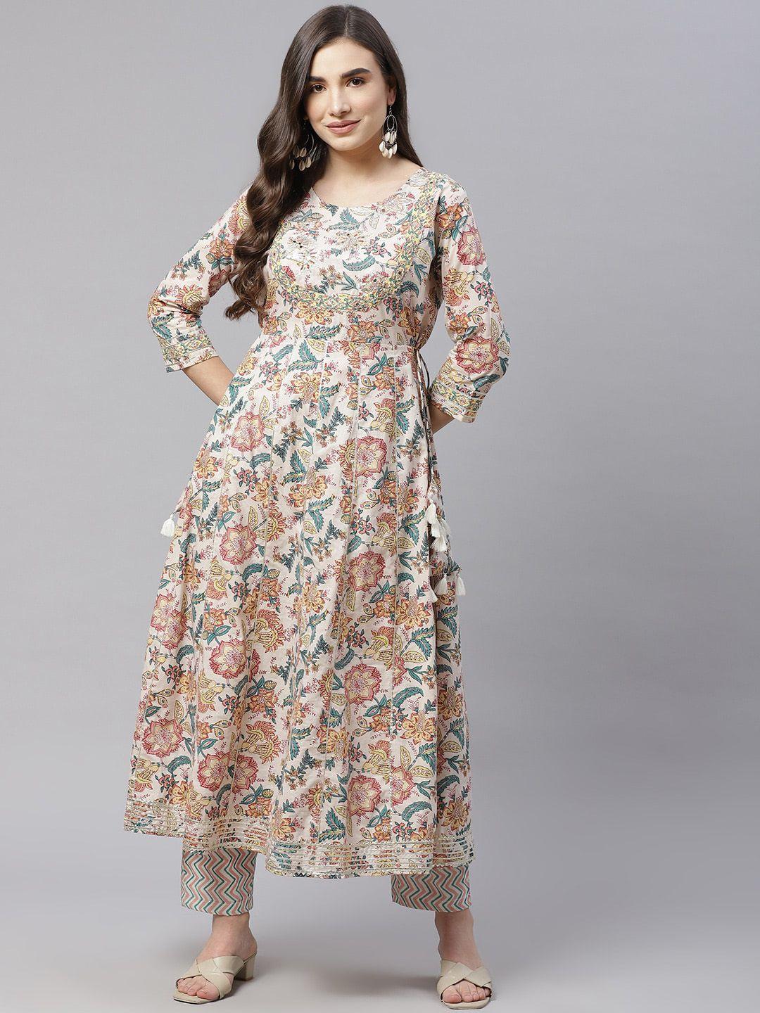 kalini floral printed gotta patti detailed pure cotton anarkali kurta with trouser