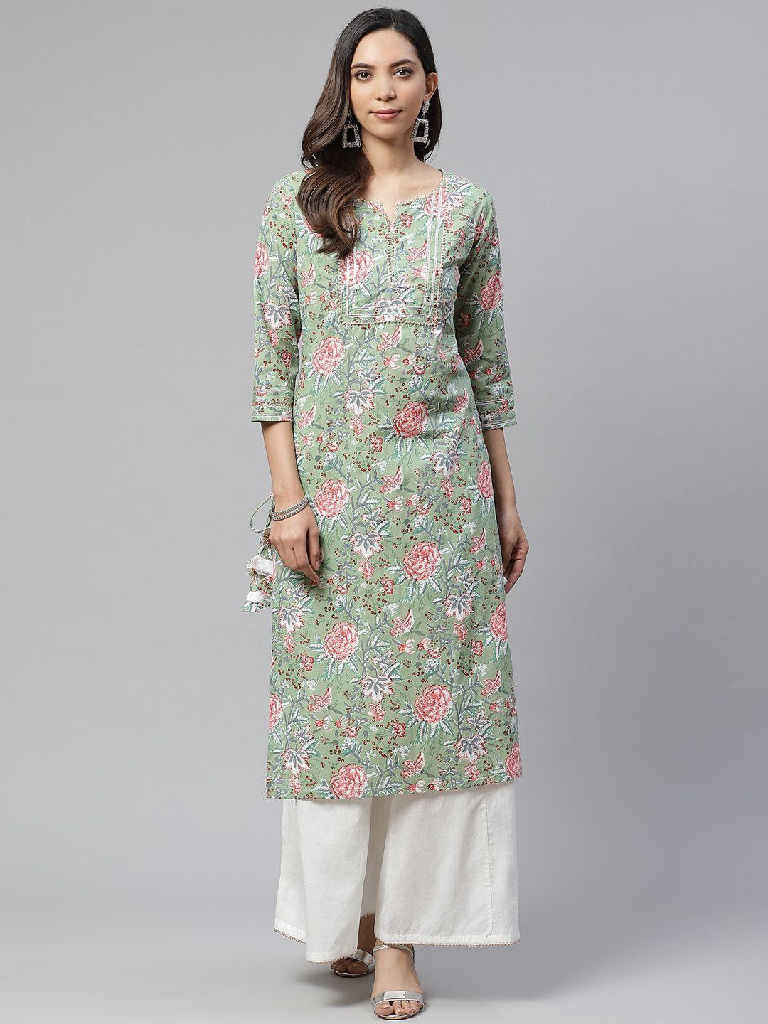 kalini floral printed gotta patti detailed pure cotton straight kurta with palazzo