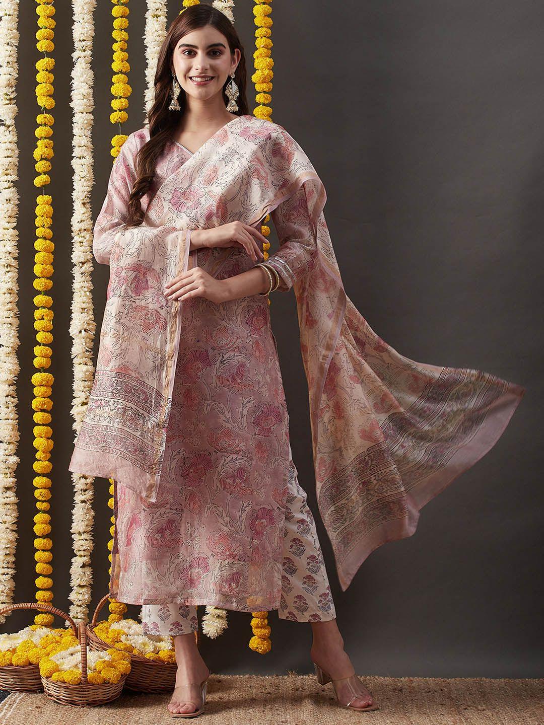 kalini floral printed gotta patti detailed straight kurta & trouser with dupatta