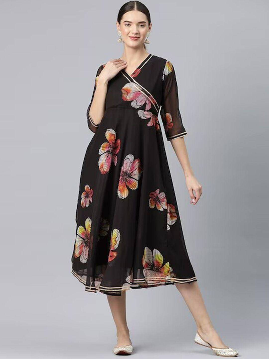 kalini floral printed gotta patti fit & flare angraka style midi ethnic dress