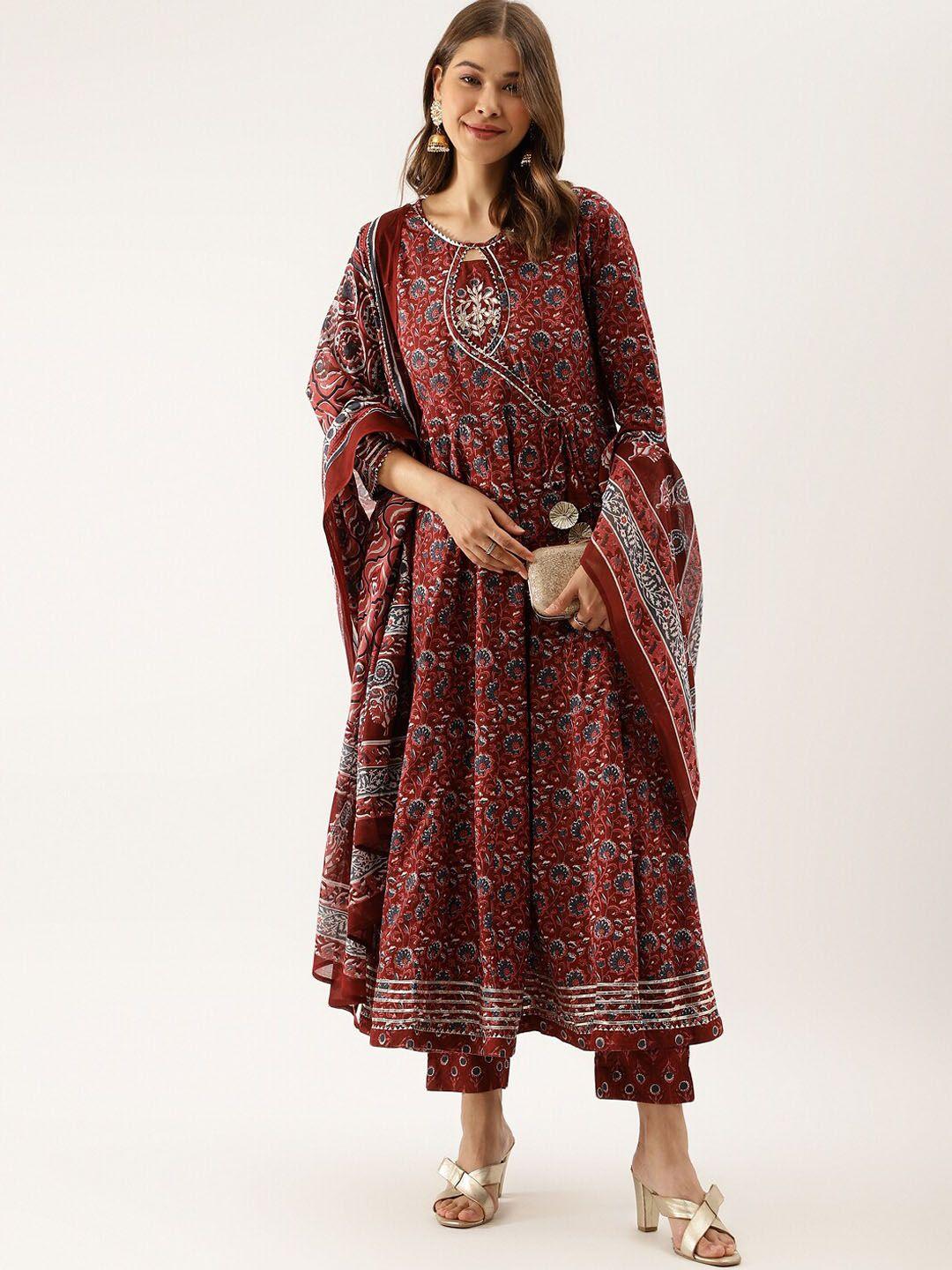 kalini floral printed gotta patti pure cotton anarkali kurta & trousers with dupatta