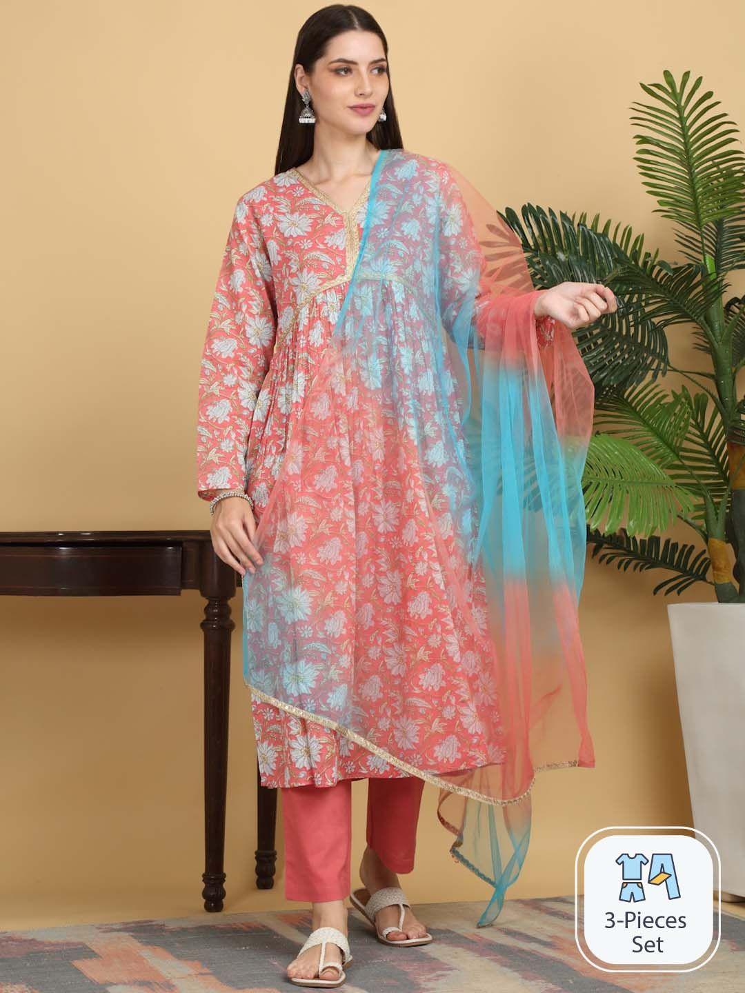 kalini floral printed gotta patti pure cotton anarkali kurta with trousers & dupatta