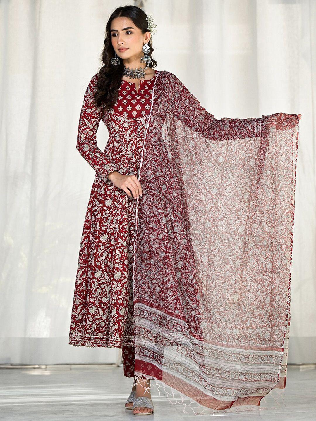 kalini floral printed gotta patti pure cotton anarkali kurta with trousers & dupatta