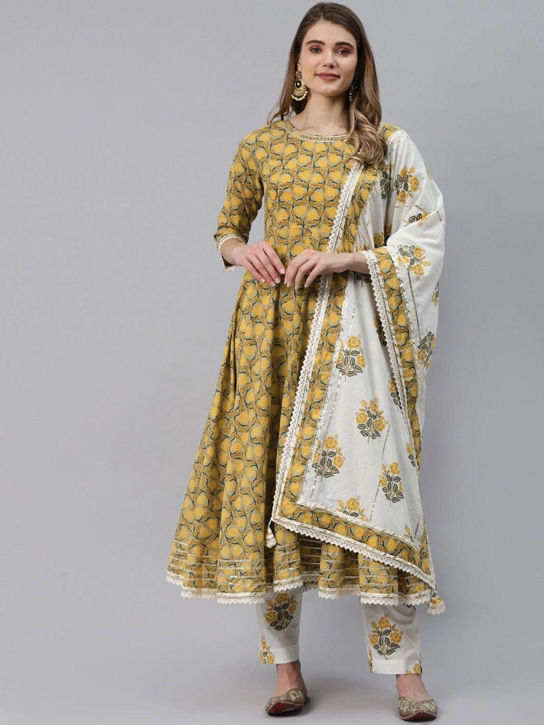 kalini floral printed gotta patti pure cotton anarkali kurta with trousers & dupatta