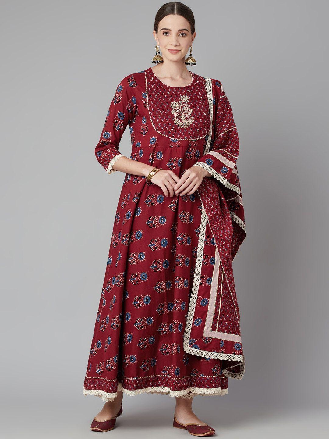 kalini floral printed gotta patti pure cotton anarkali kurta with trousers & dupatta