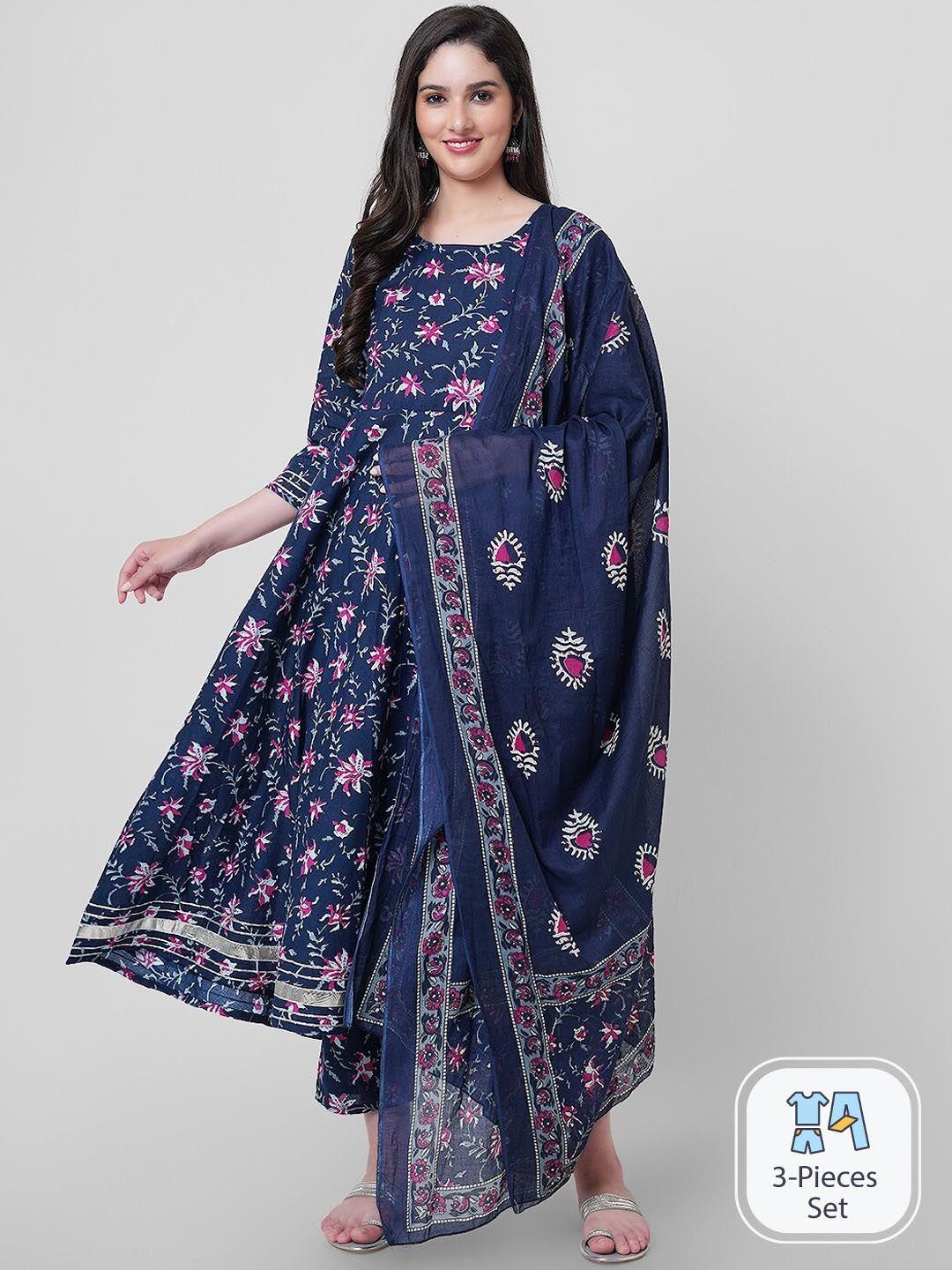 kalini floral printed gotta patti pure cotton anarkali kurta with trousers & with dupatta