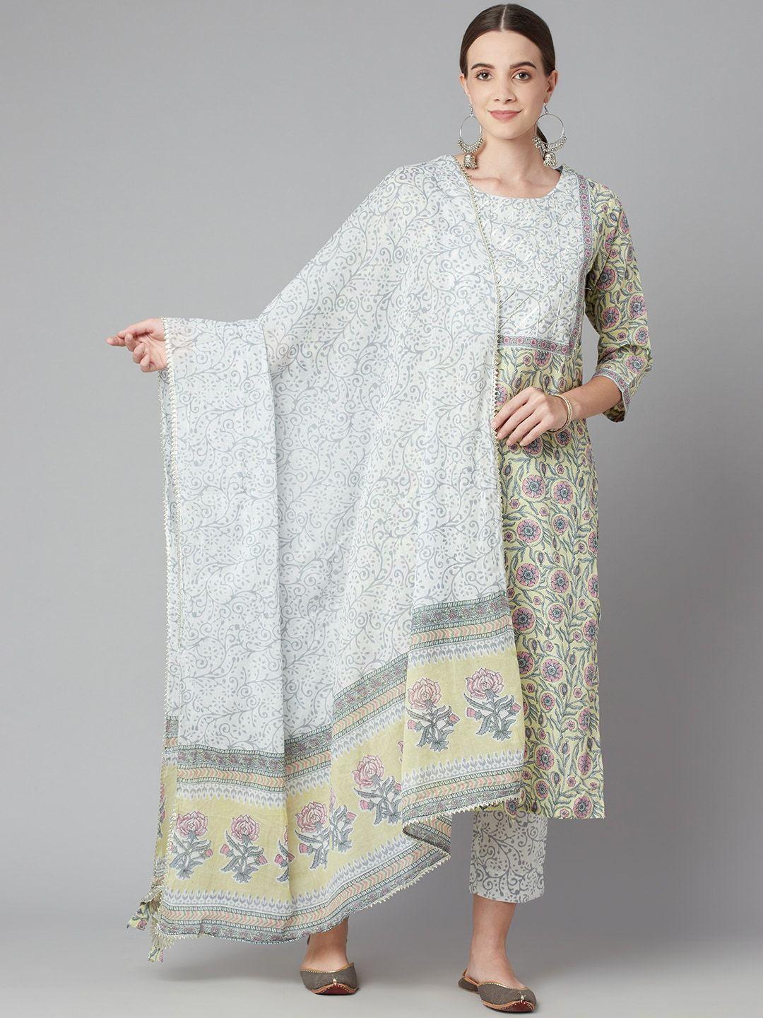 kalini floral printed gotta patti pure cotton kurta with trousers & dupatta