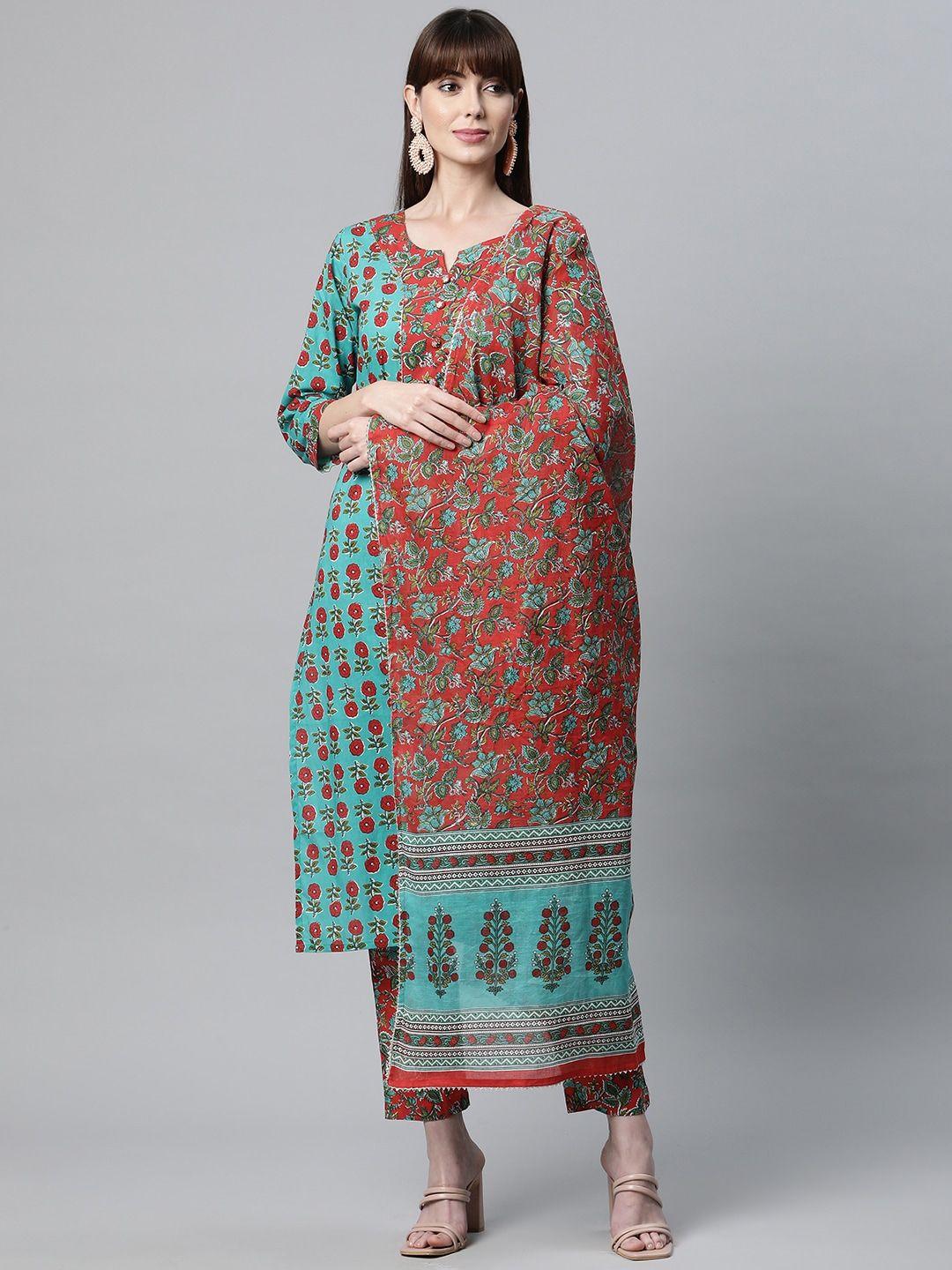 kalini floral printed gotta patti pure cotton straight kurta with trousers & dupatta