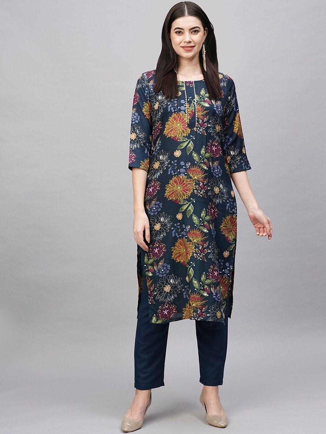 kalini floral printed gotta patti straight kurta with trousers