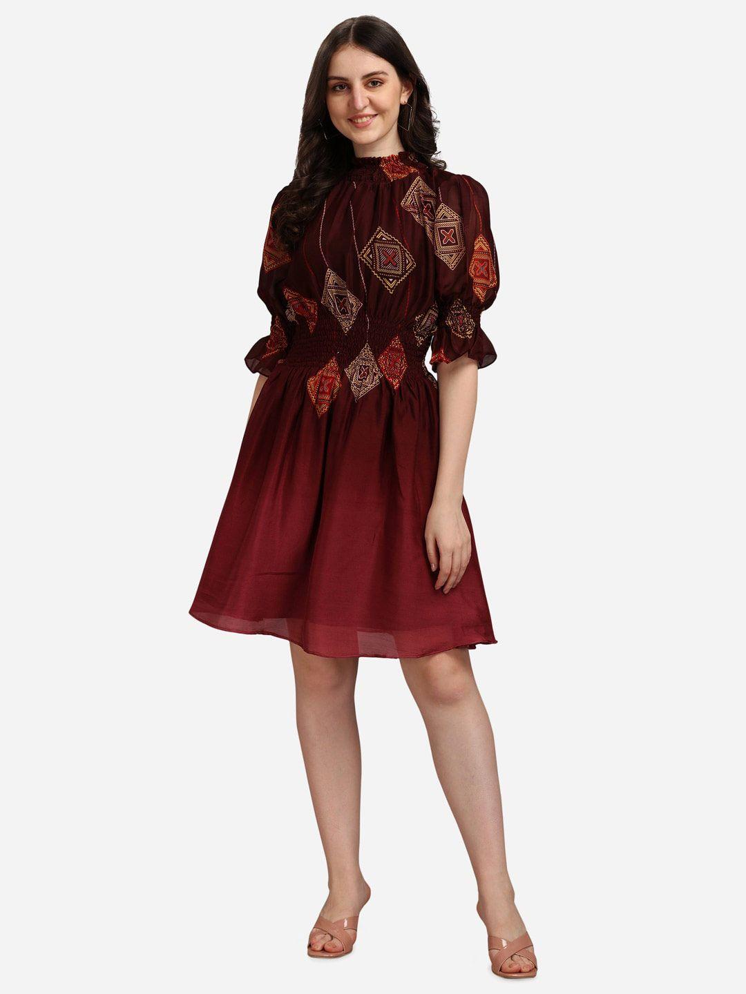 kalini floral printed high neck puff sleeve fit & flare dress