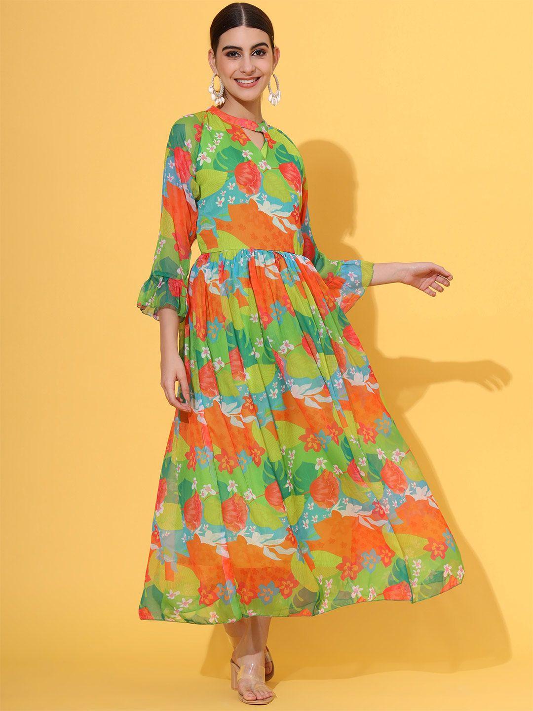 kalini floral printed keyhole neck bell sleeve fit&flare pleated ethnic dress