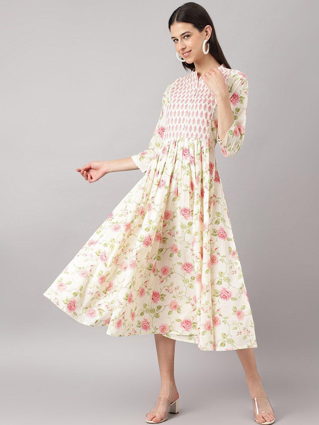 kalini floral printed mandarin collar gathered cotton fit and flare midi ethnic dress