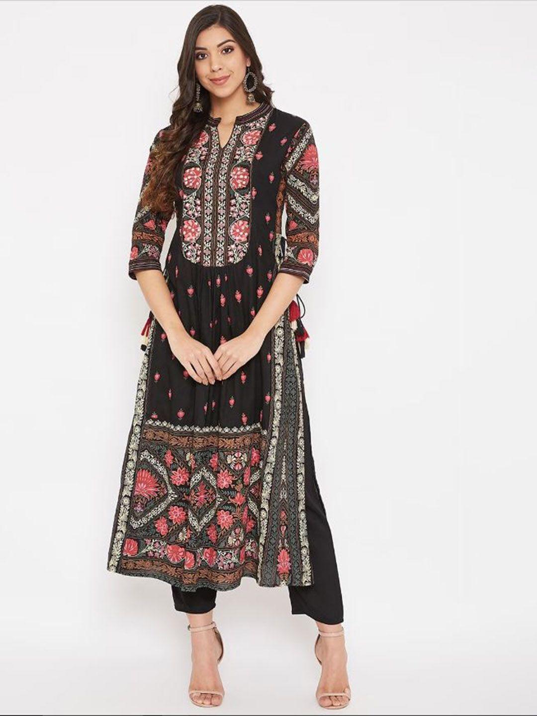 kalini floral printed mandarin collar pleated kurta with trousers