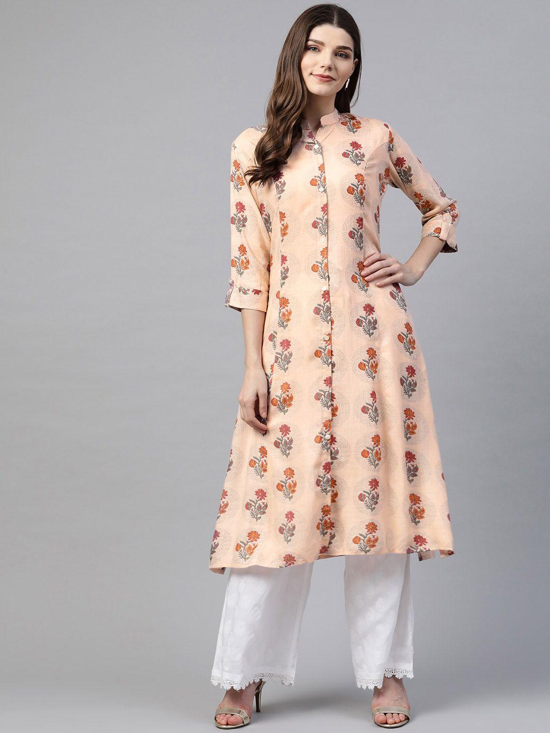 kalini floral printed mandarin collar roll-up sleeves a-line kurta