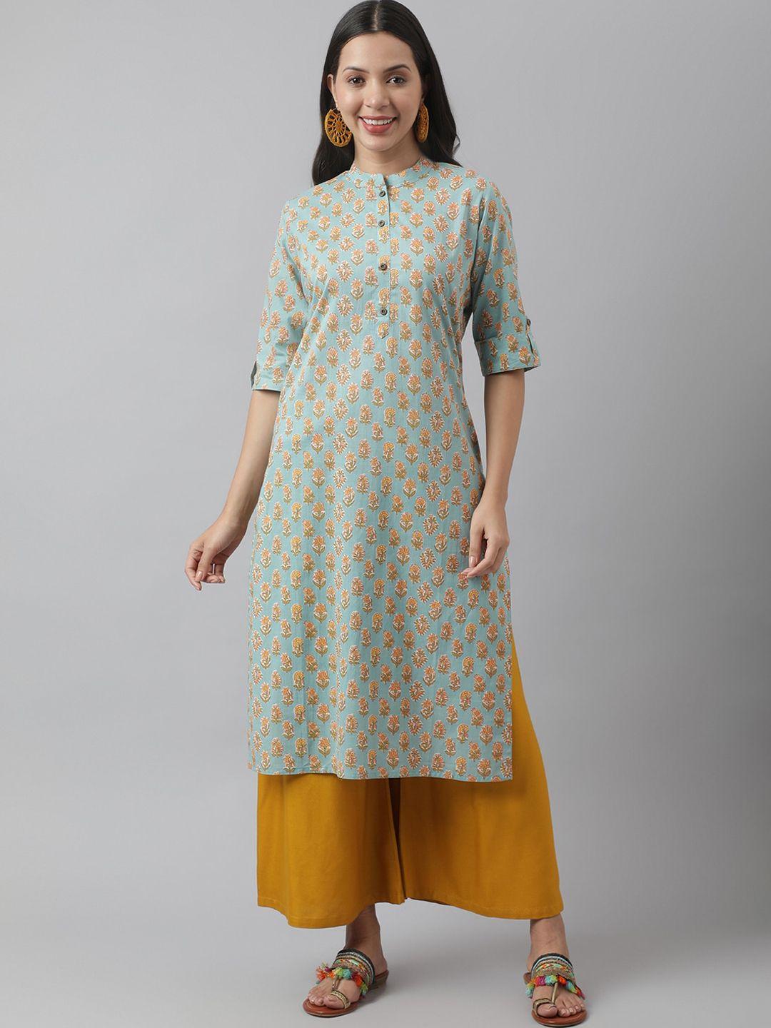 kalini floral printed mandarin collar roll-up sleeves cotton straight kurta