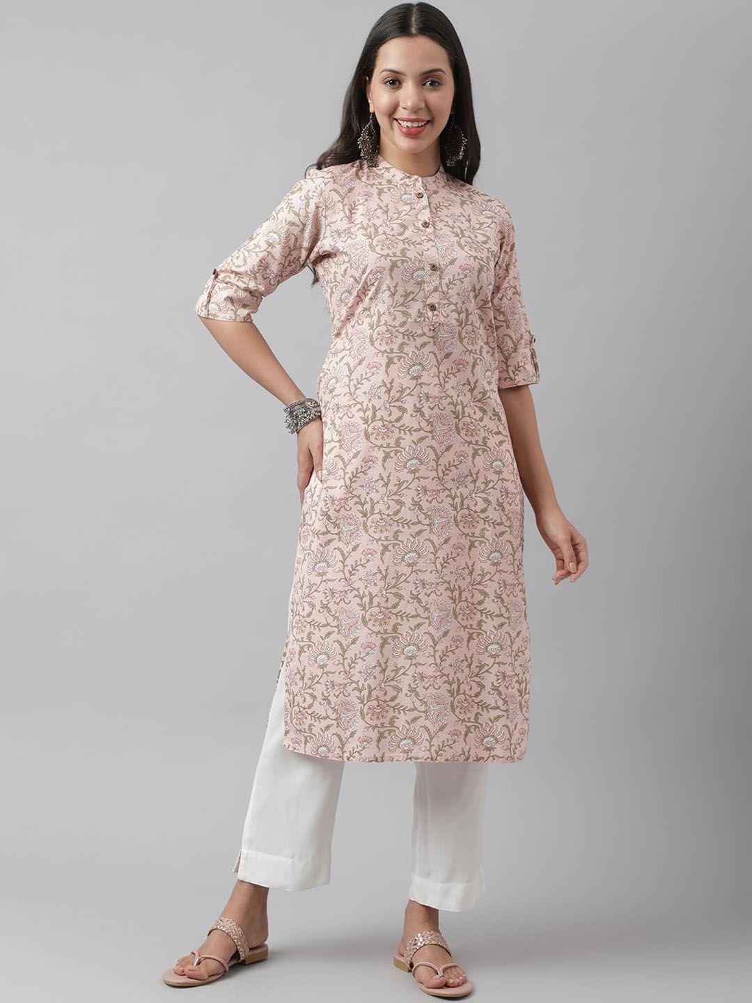 kalini floral printed mandarin collar roll-up sleeves cotton straight kurta