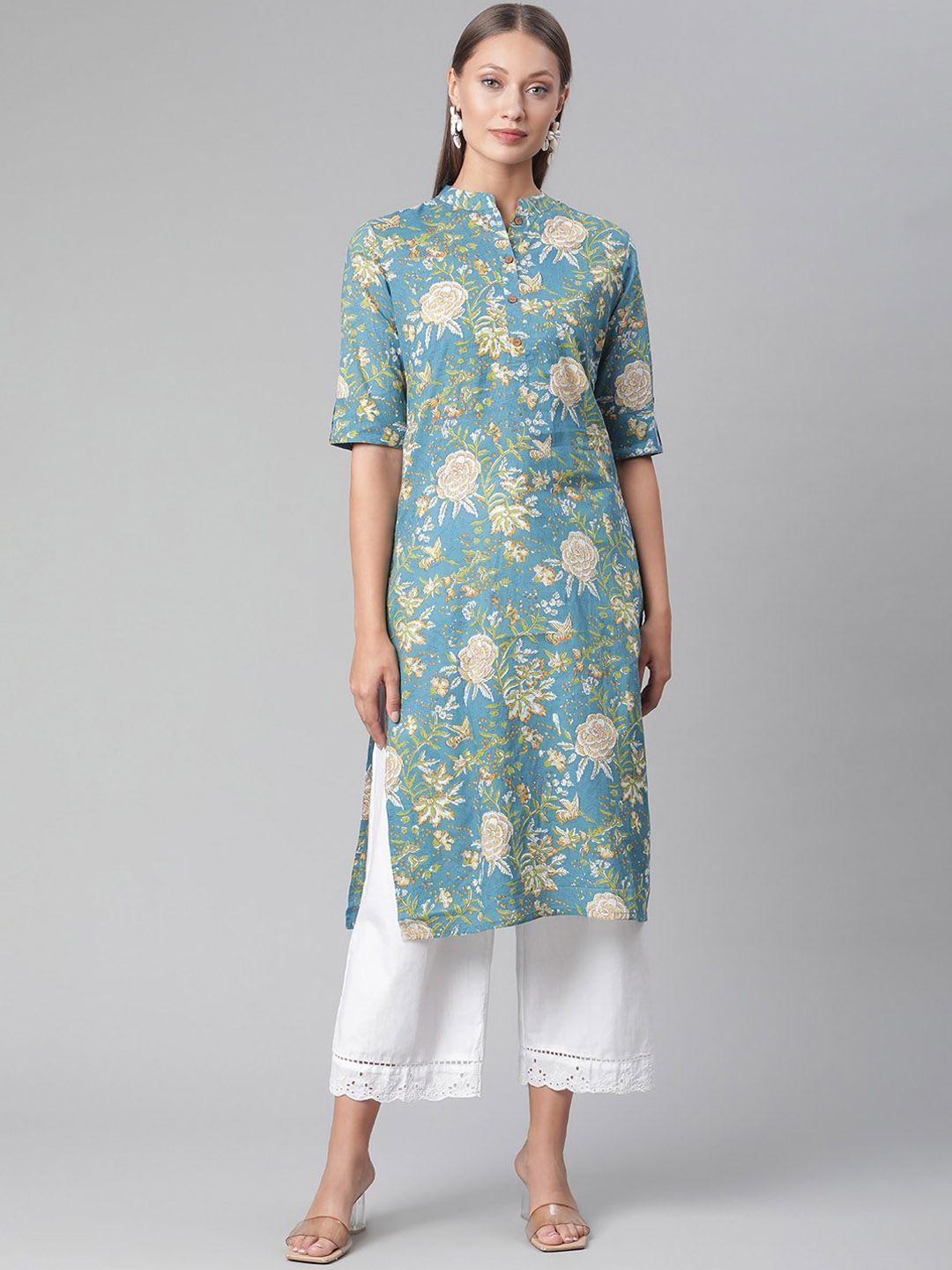 kalini floral printed mandarin collar roll-up sleeves cotton straight kurta