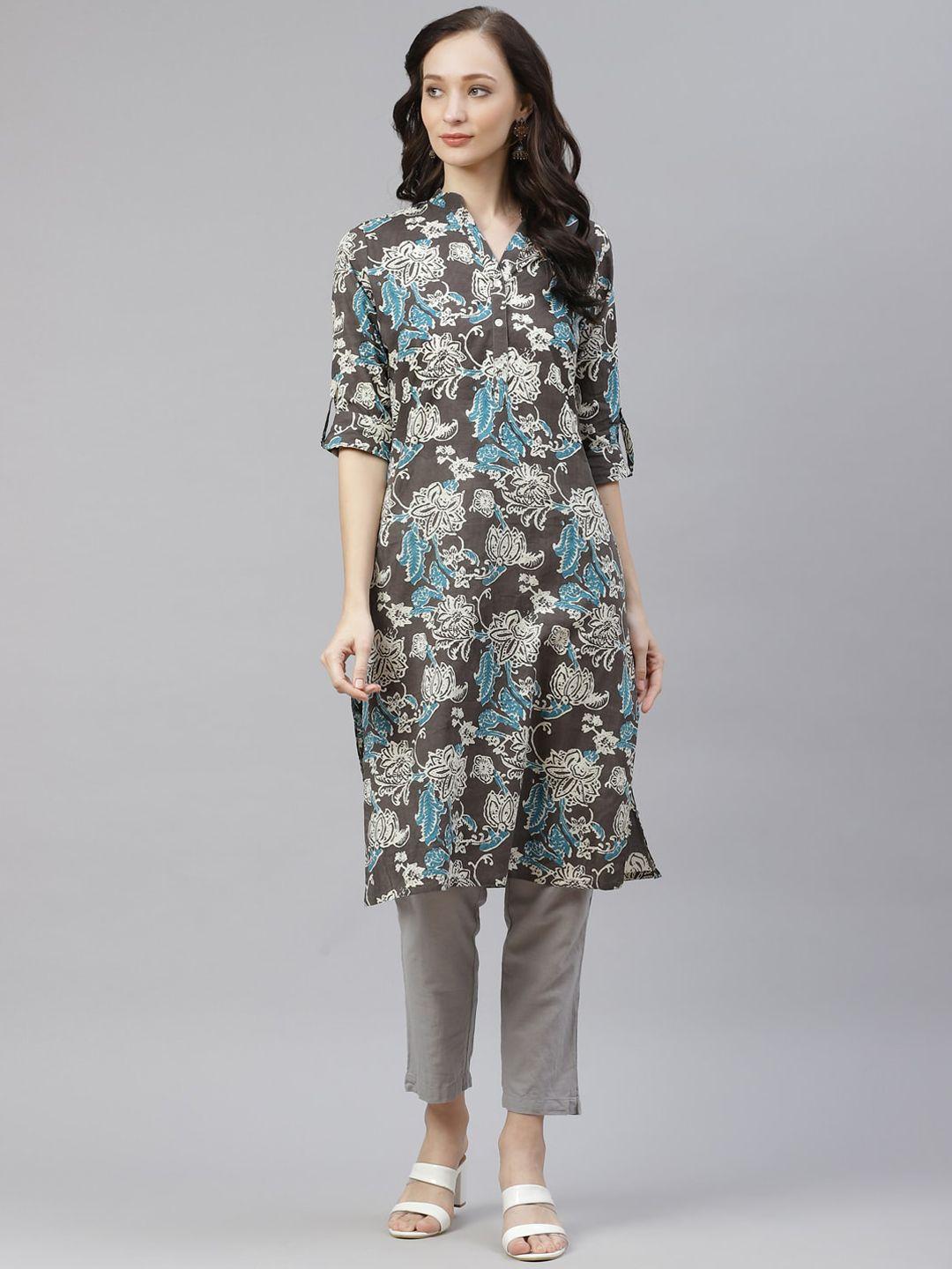 kalini floral printed mandarin collar roll-up sleeves cotton straight kurta