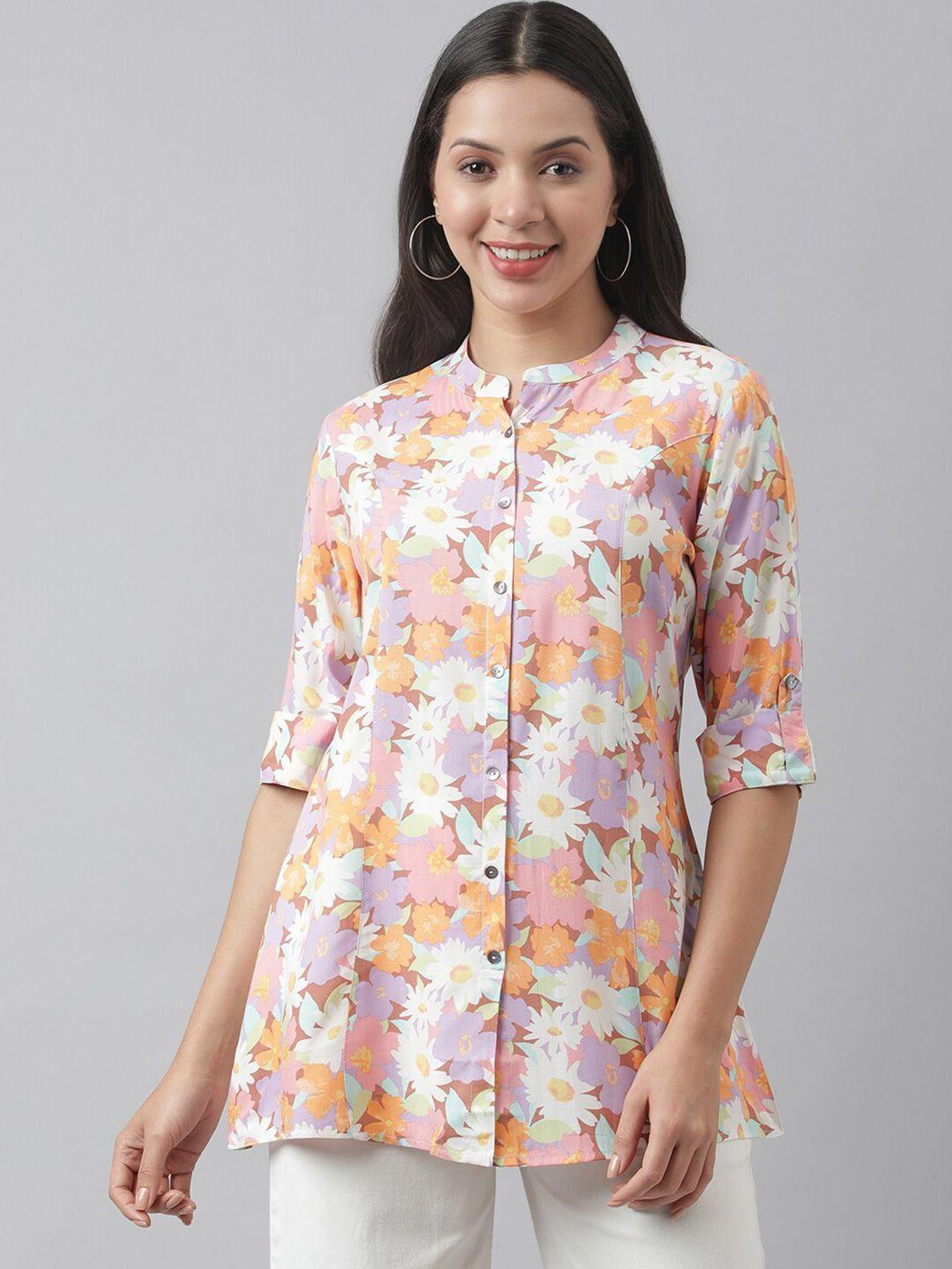 kalini floral printed mandarin collar roll-up sleeves longline shirt style top