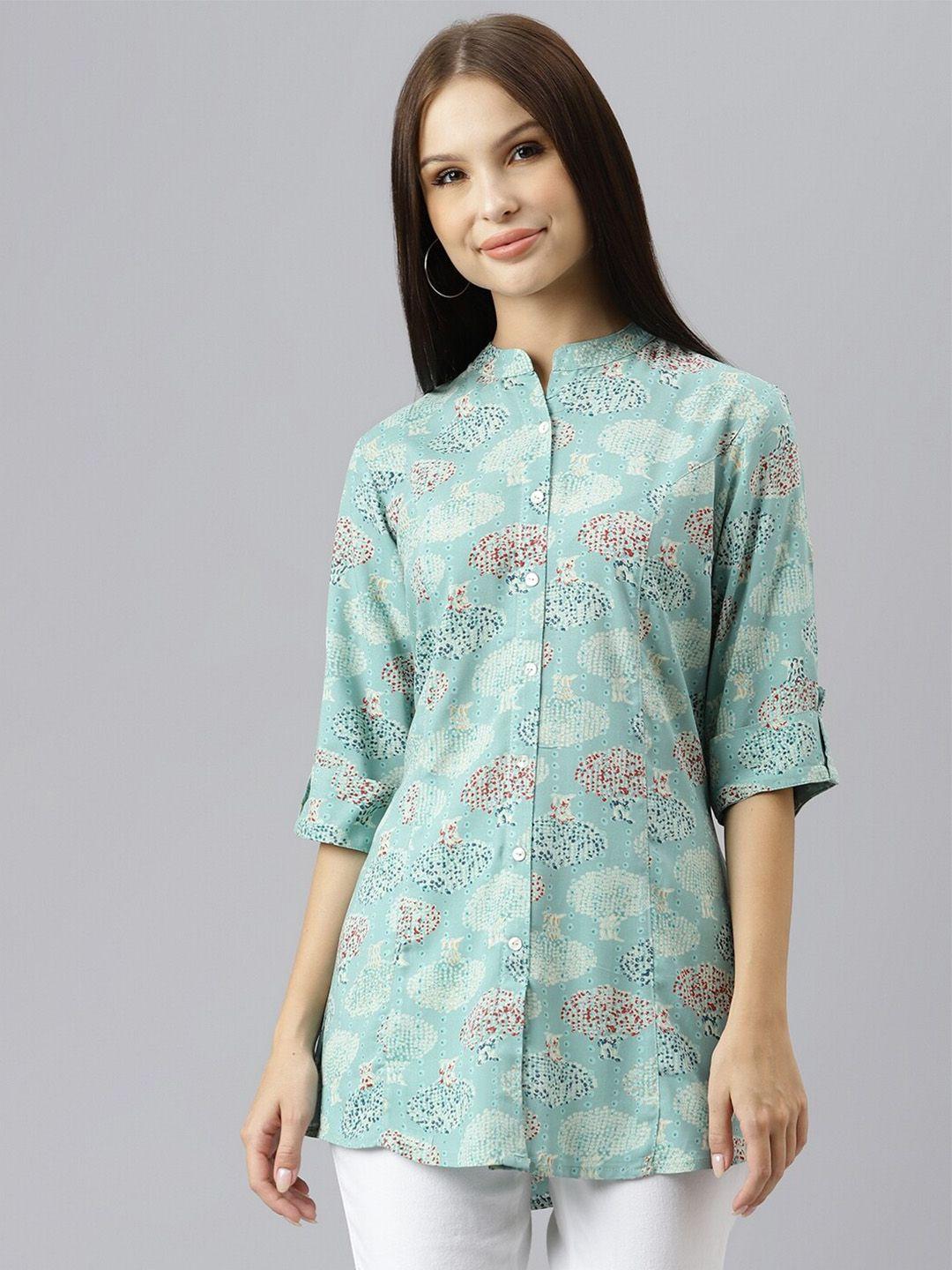 kalini floral printed mandarin collar roll-up sleeves longline shirt style top