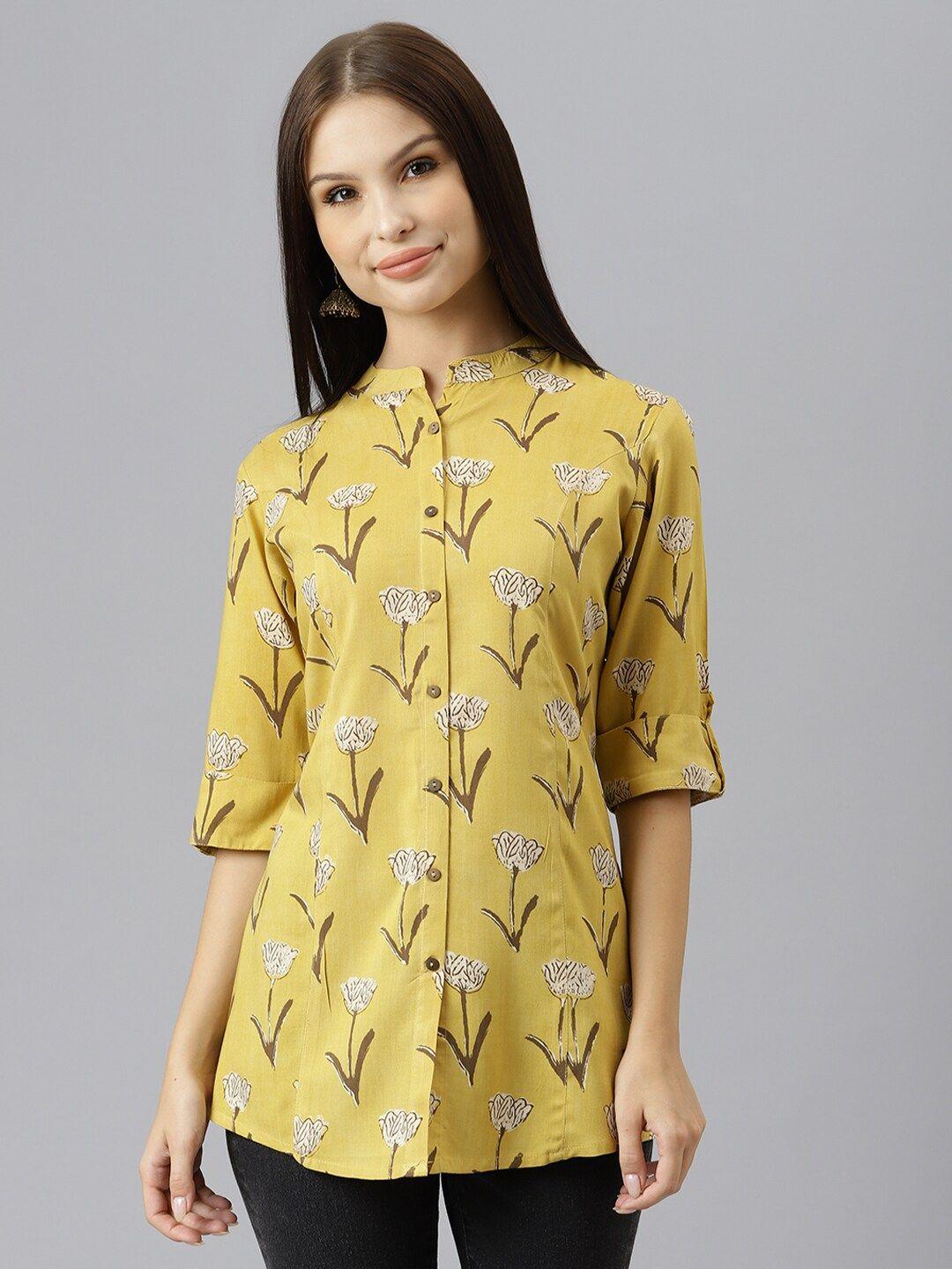 kalini floral printed mandarin collar roll-up sleeves longline shirt style top