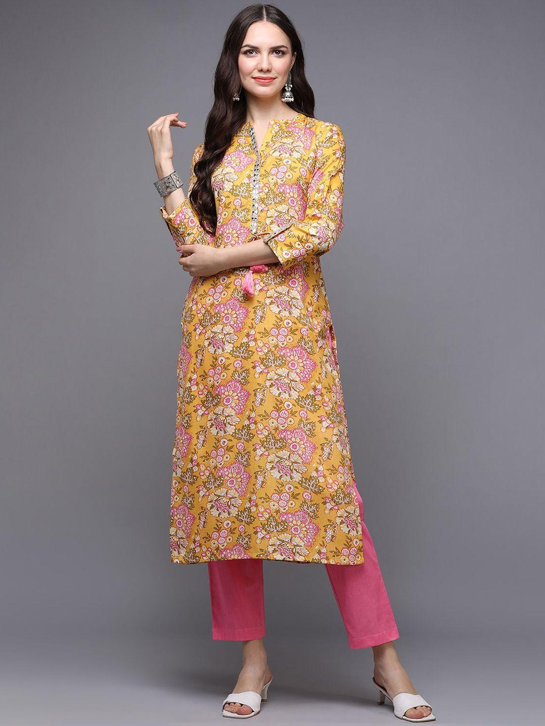 kalini floral printed mandarin collar roll-up sleeves mirror work straight kurta