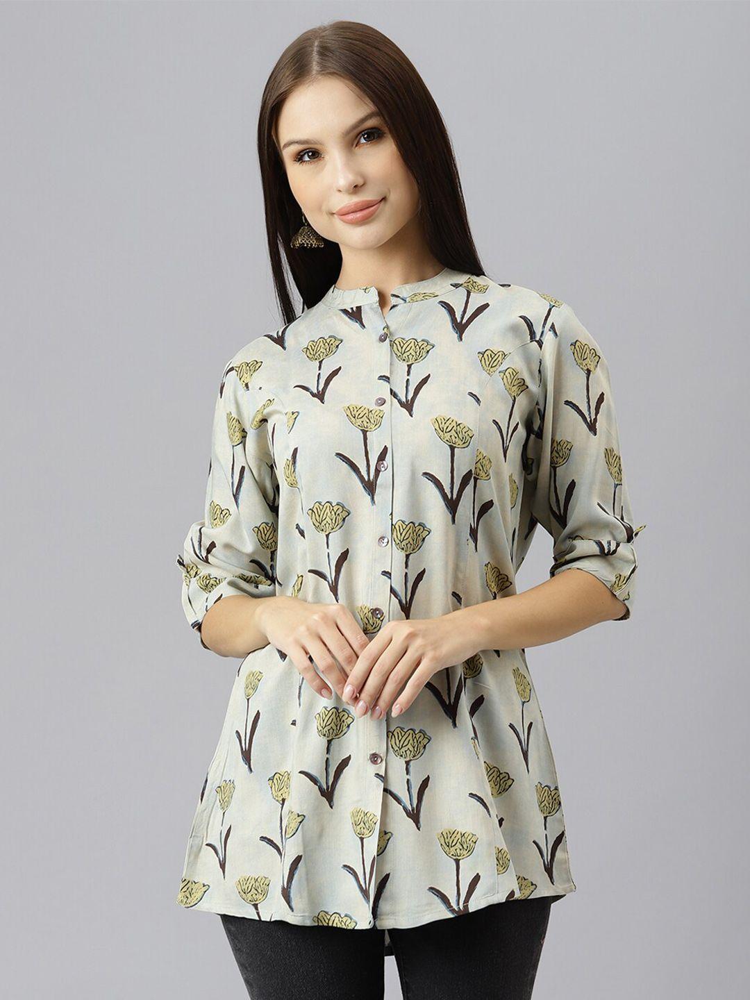 kalini floral printed mandarin collar roll up sleeves shirt style top