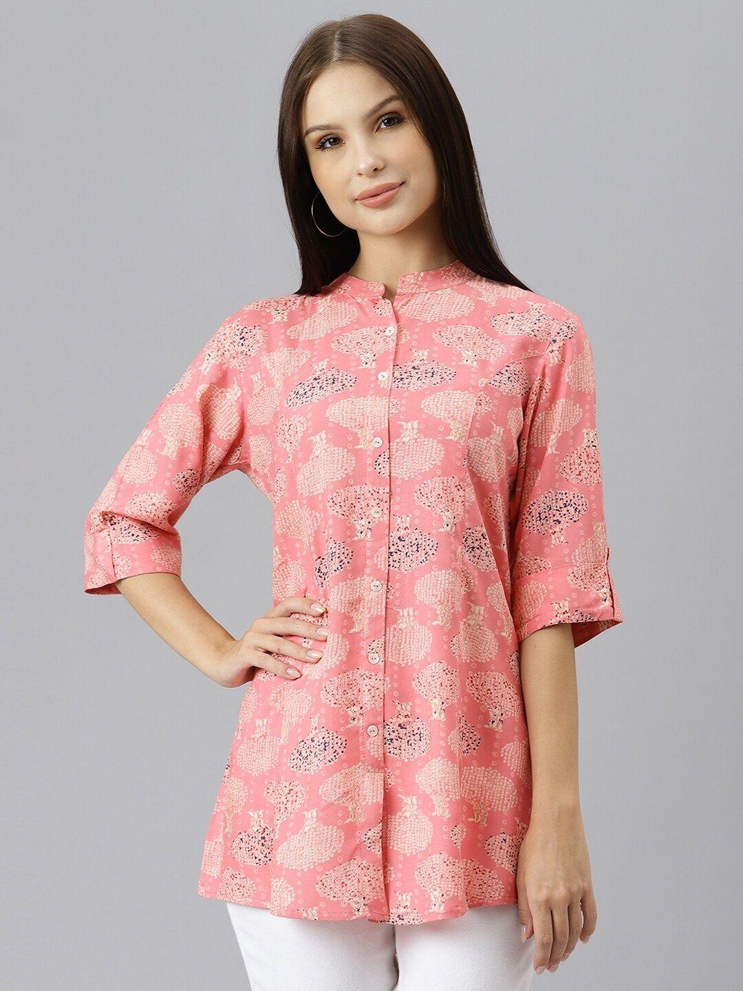 kalini floral printed mandarin collar roll up sleeves shirt style top