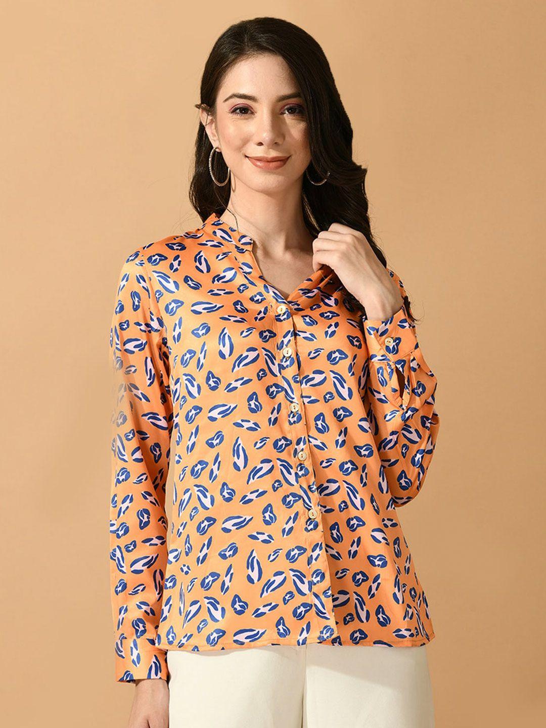kalini floral printed mandarin collar satin shirt style top