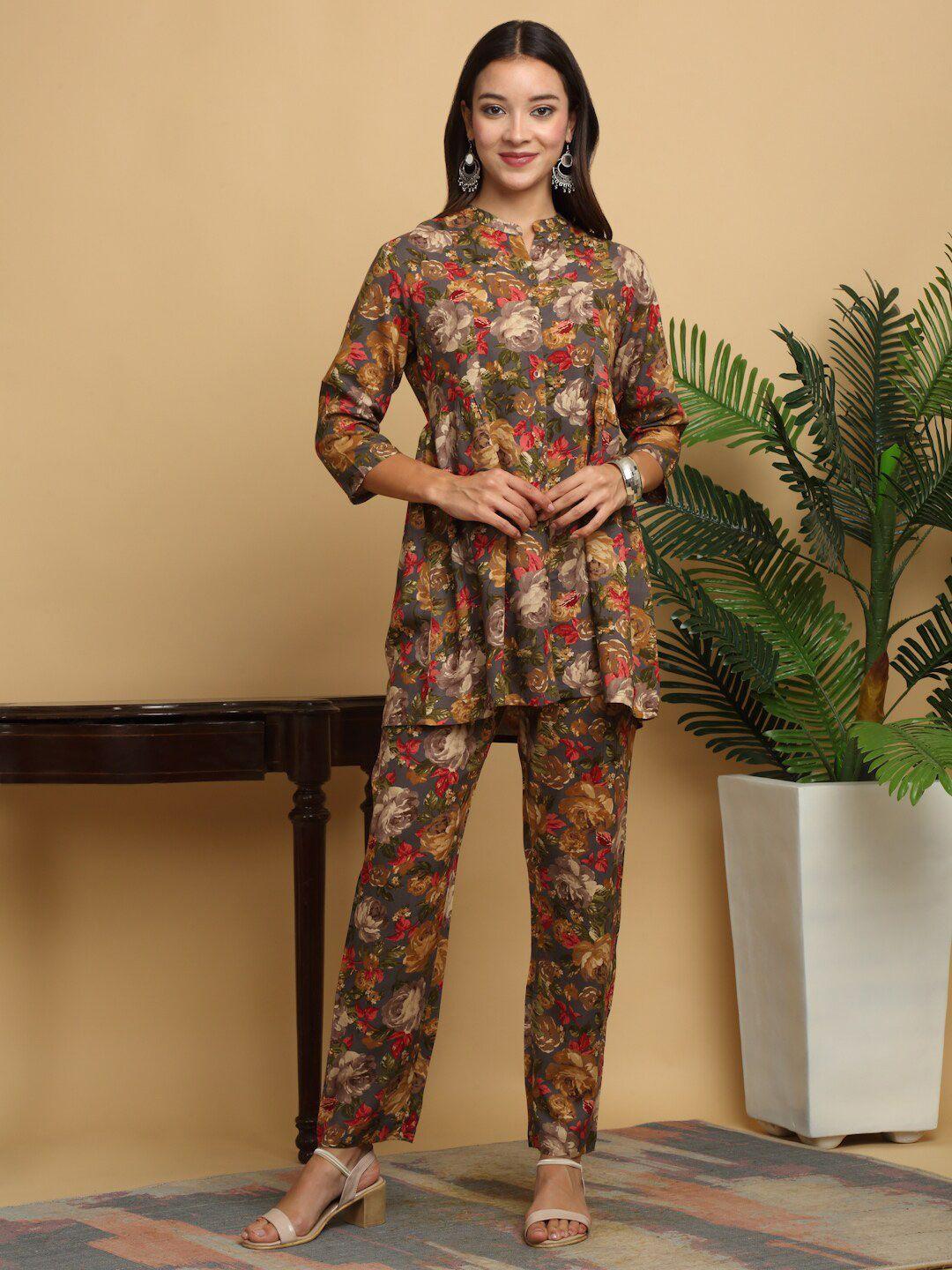 kalini floral-printed mandarin collar tunic with trousers co-ords