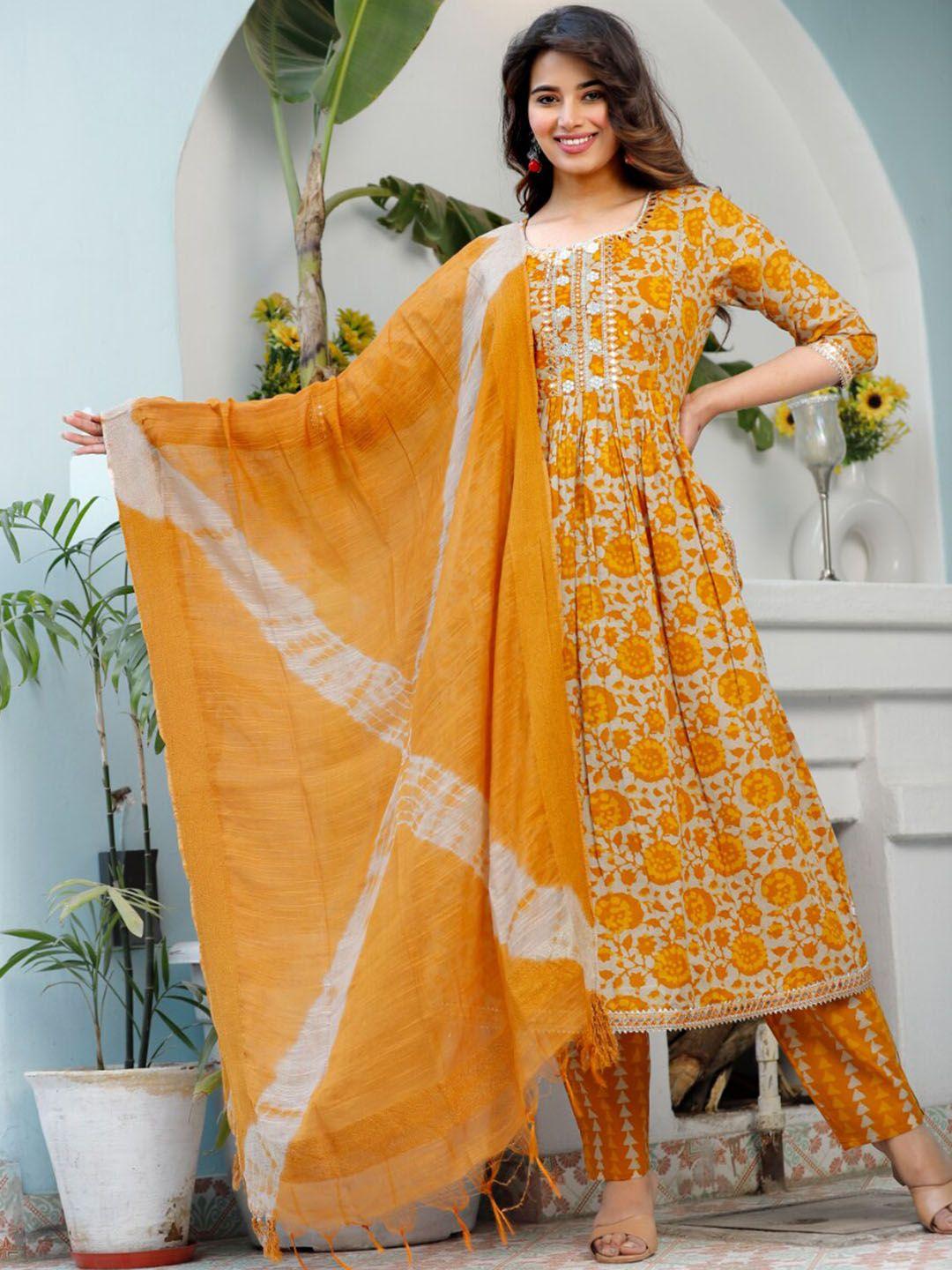 kalini floral printed mirror work detail pure cotton anarkali kurta & trouser with dupatta