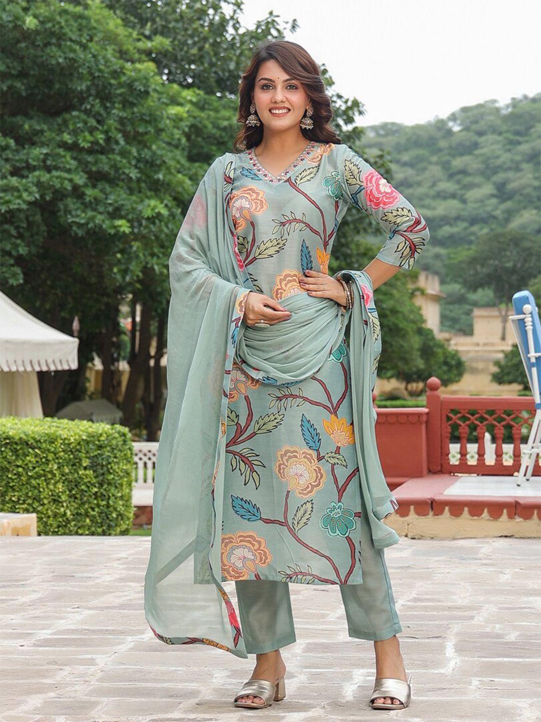 kalini floral printed mirror work kurta with trousers & dupatta