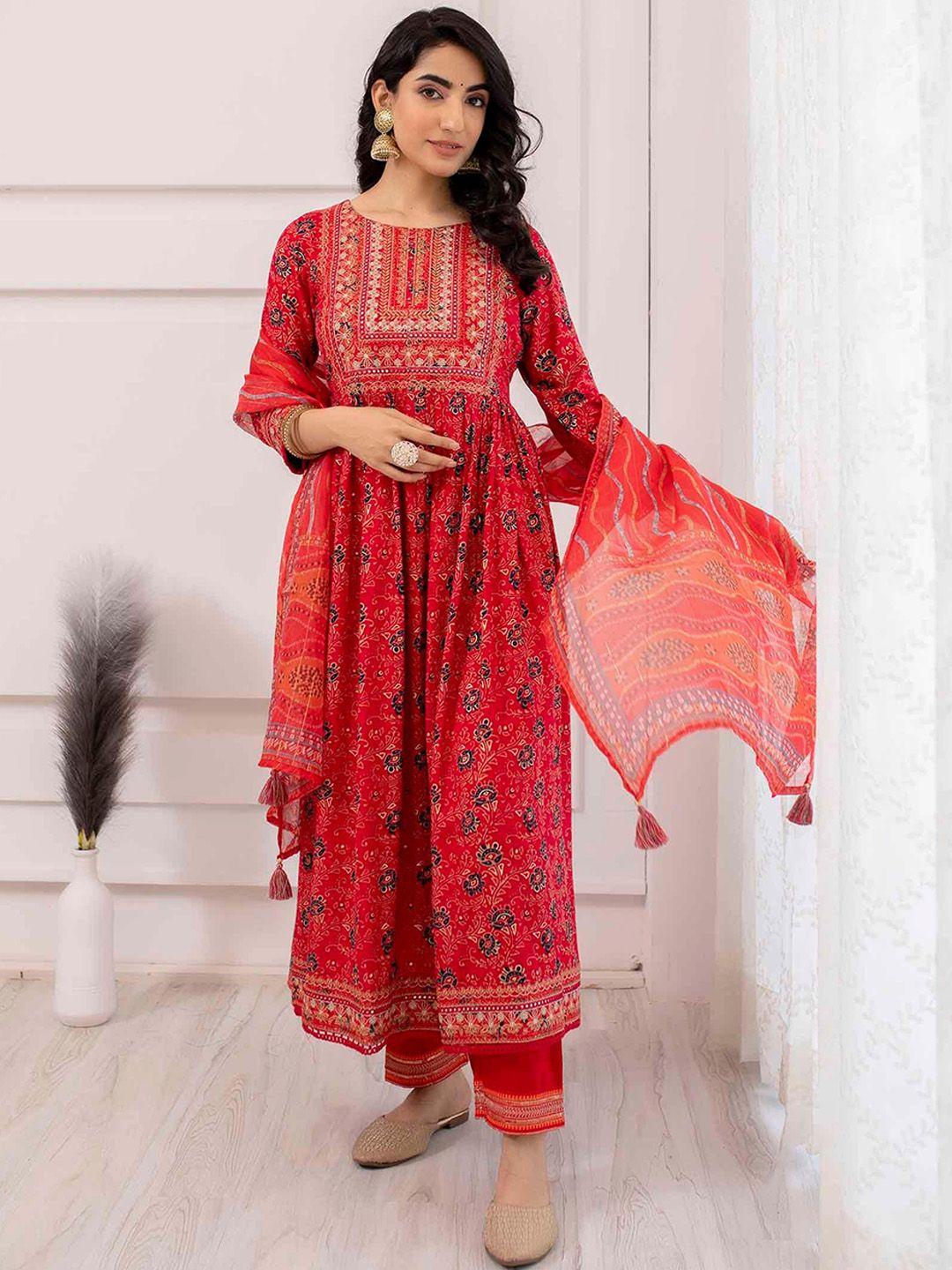 kalini floral printed mirror work pleated a-line kurta with trousers & dupatta