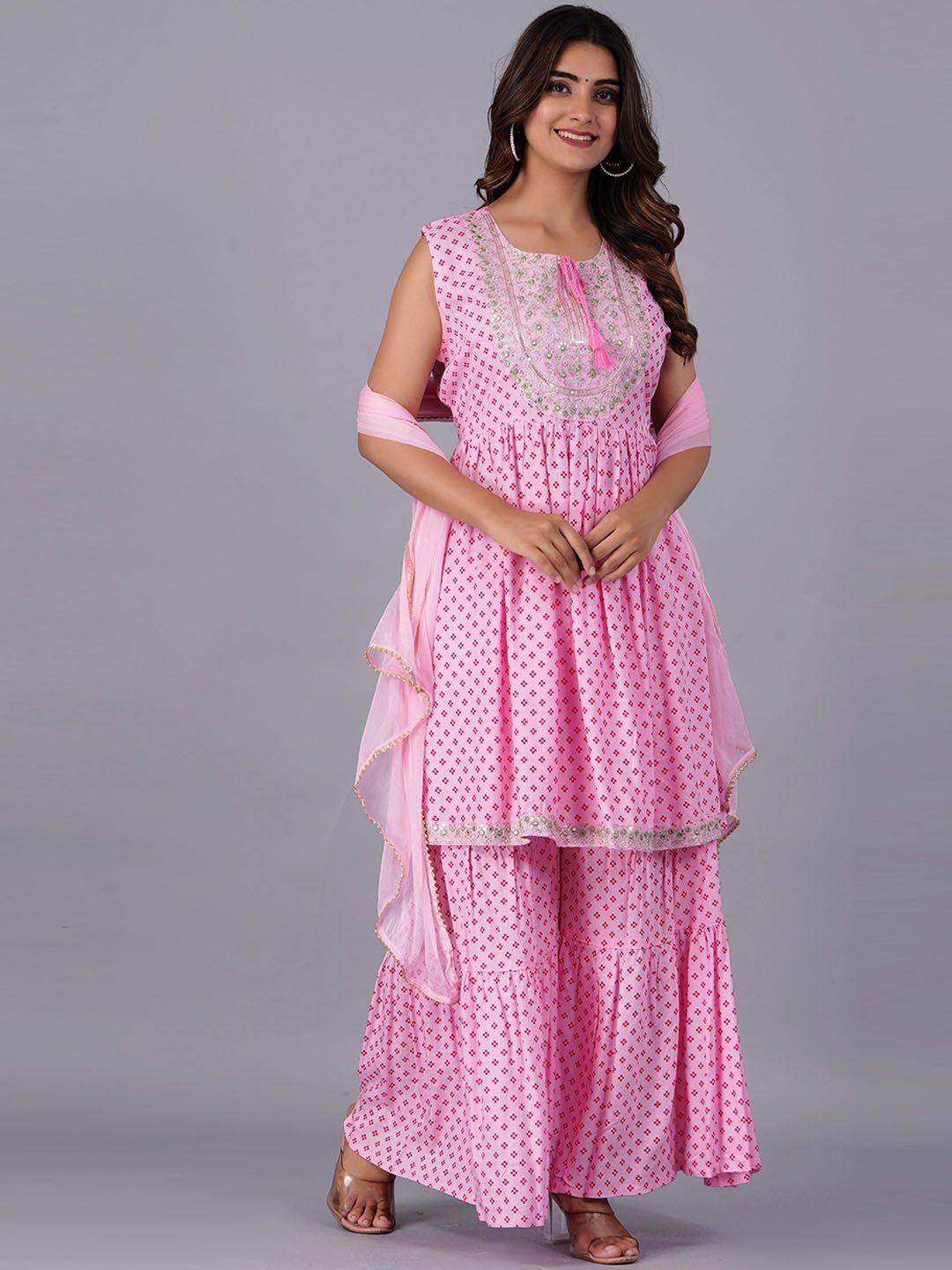 kalini floral printed mirror work pleated anarkali kurta with sharara & dupatta