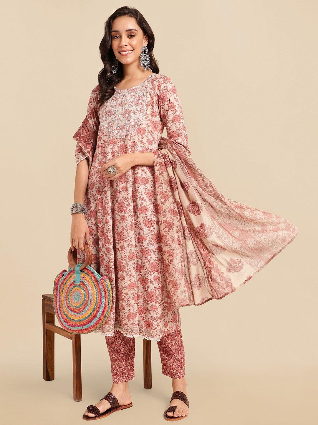 kalini floral printed mirror work pure cotton anarkali kurta with trousers & dupatta