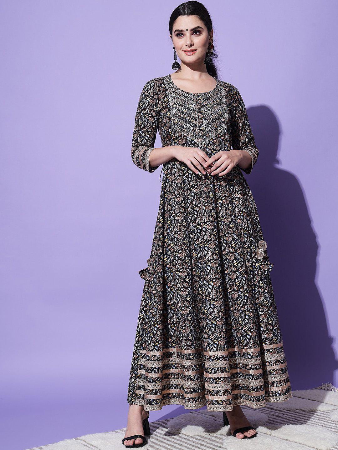 kalini floral printed mirror work pure cotton anarkali kurta