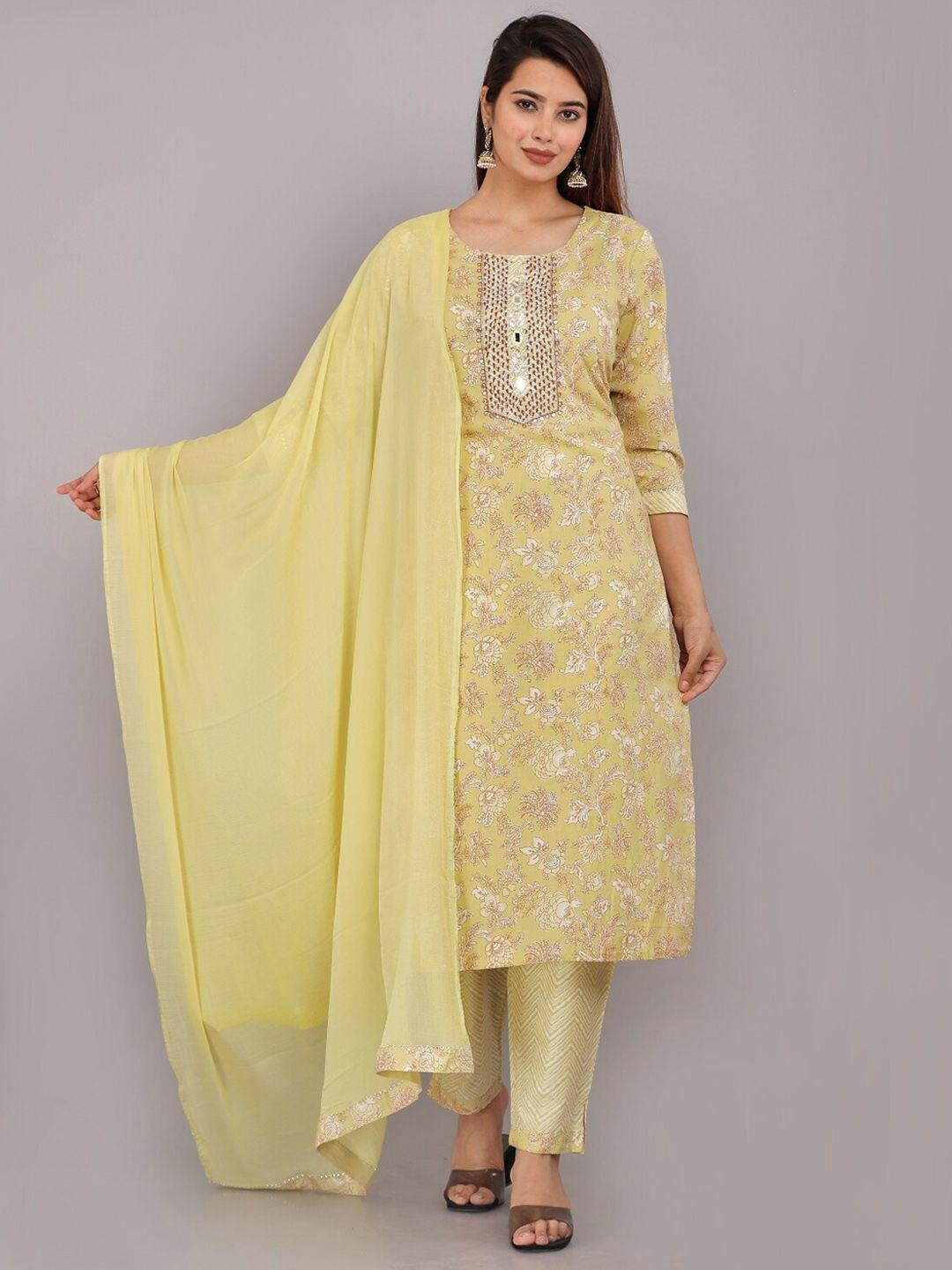 kalini floral printed mirror work pure cotton kurta with trousers & dupatta