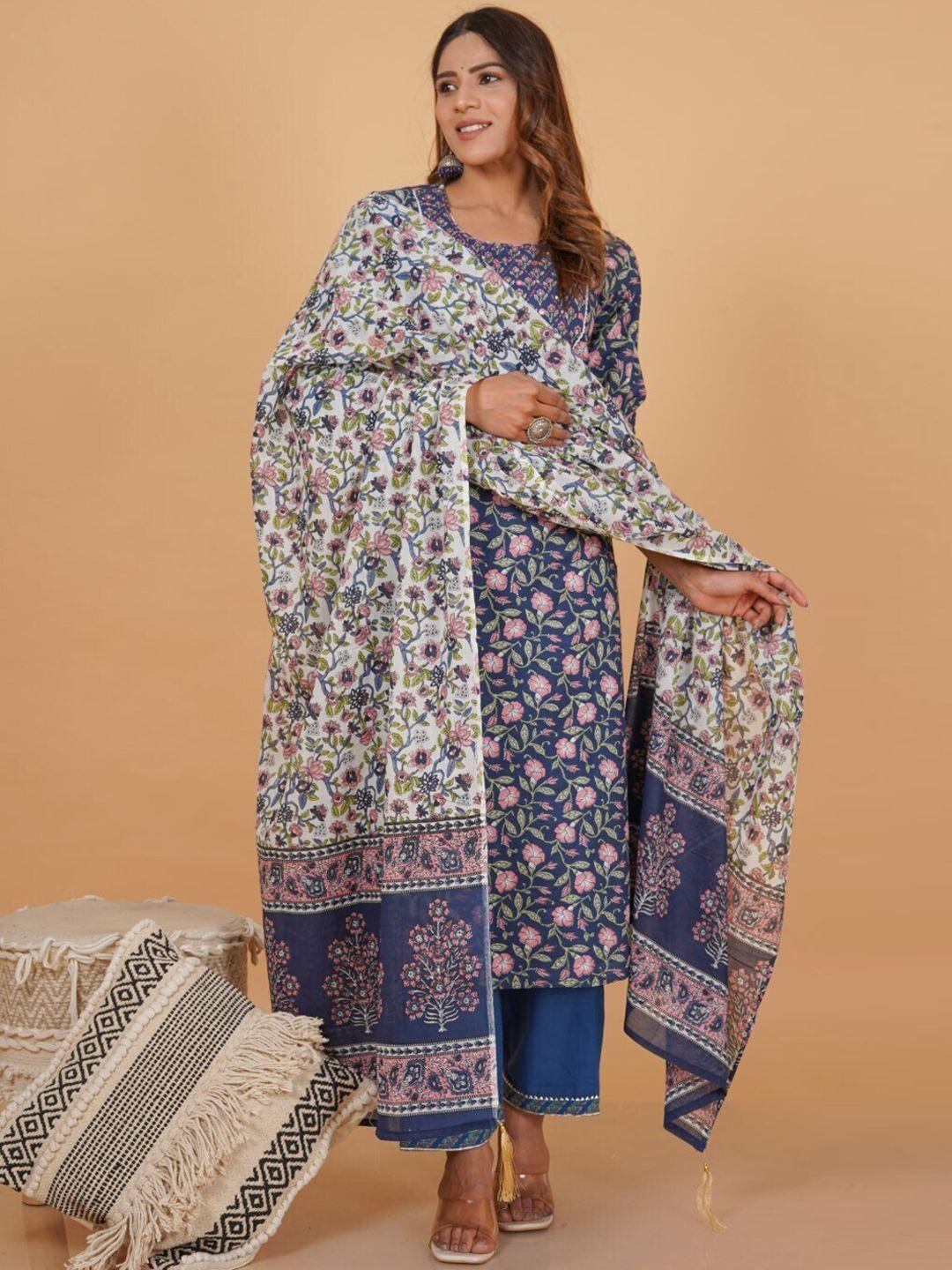 kalini floral printed mirror work pure cotton kurta with trousers & dupatta